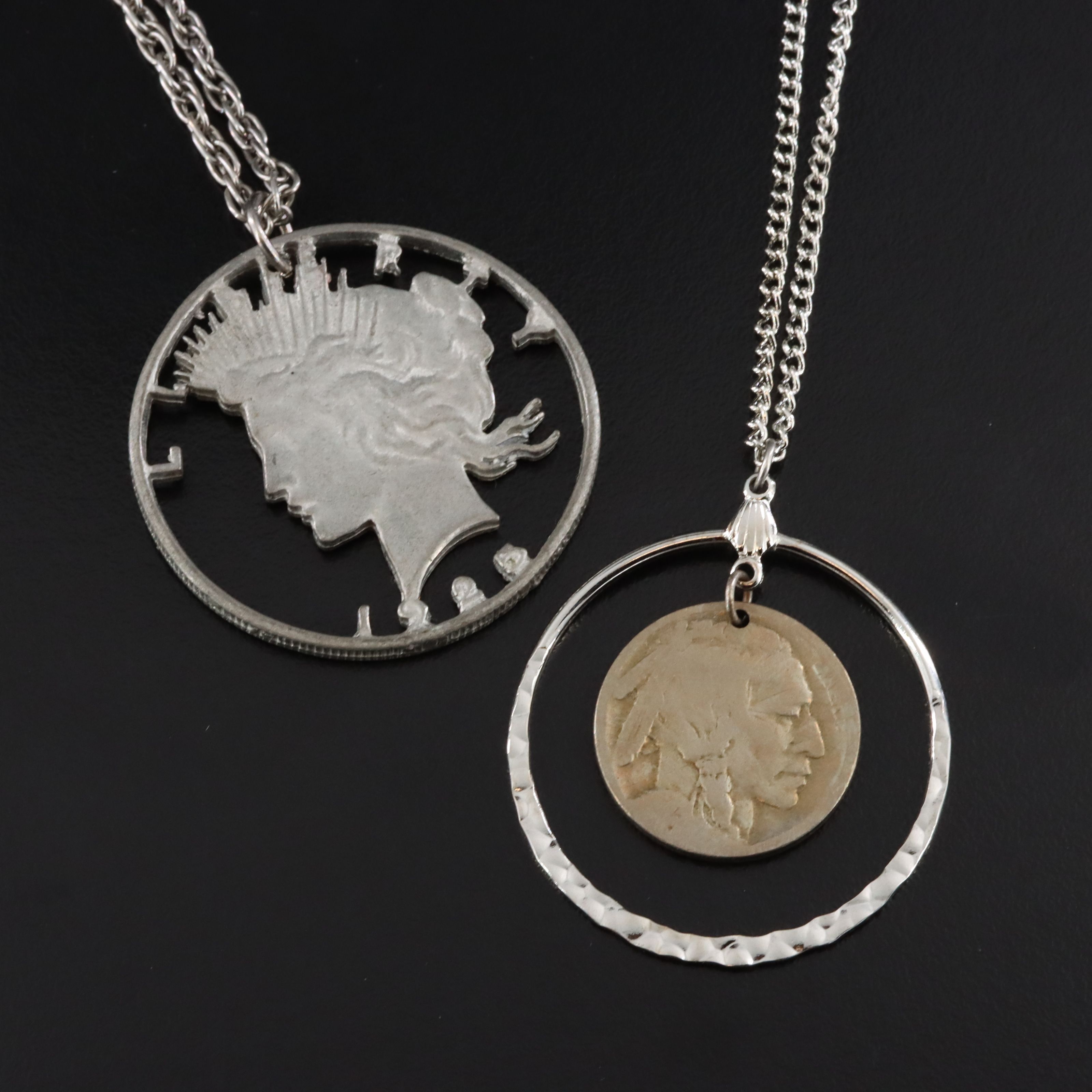 Buffalo Nickle and Cast Replica Cut-Out Peace Dollar Necklaces