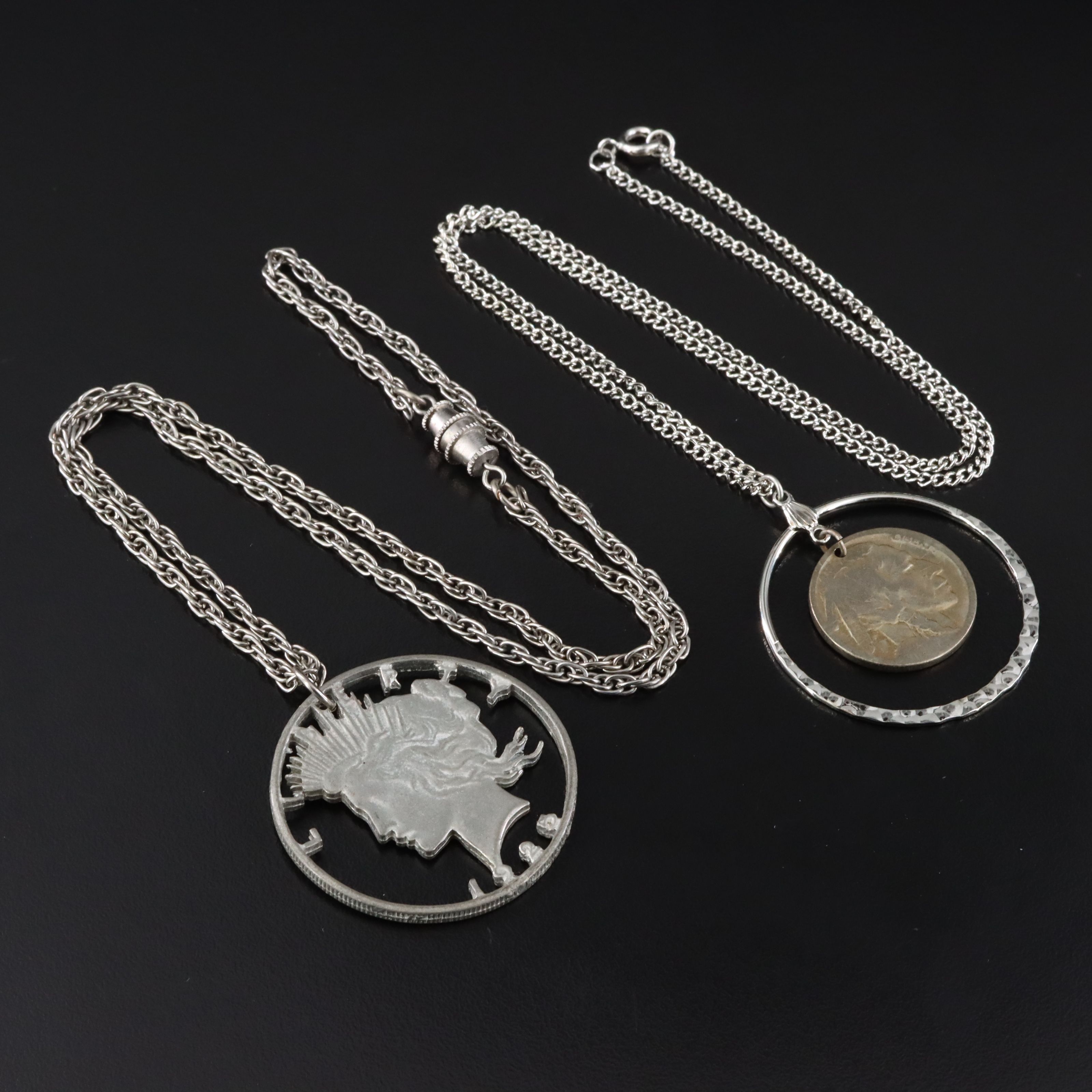 Buffalo Nickle and Cast Replica Cut-Out Peace Dollar Necklaces