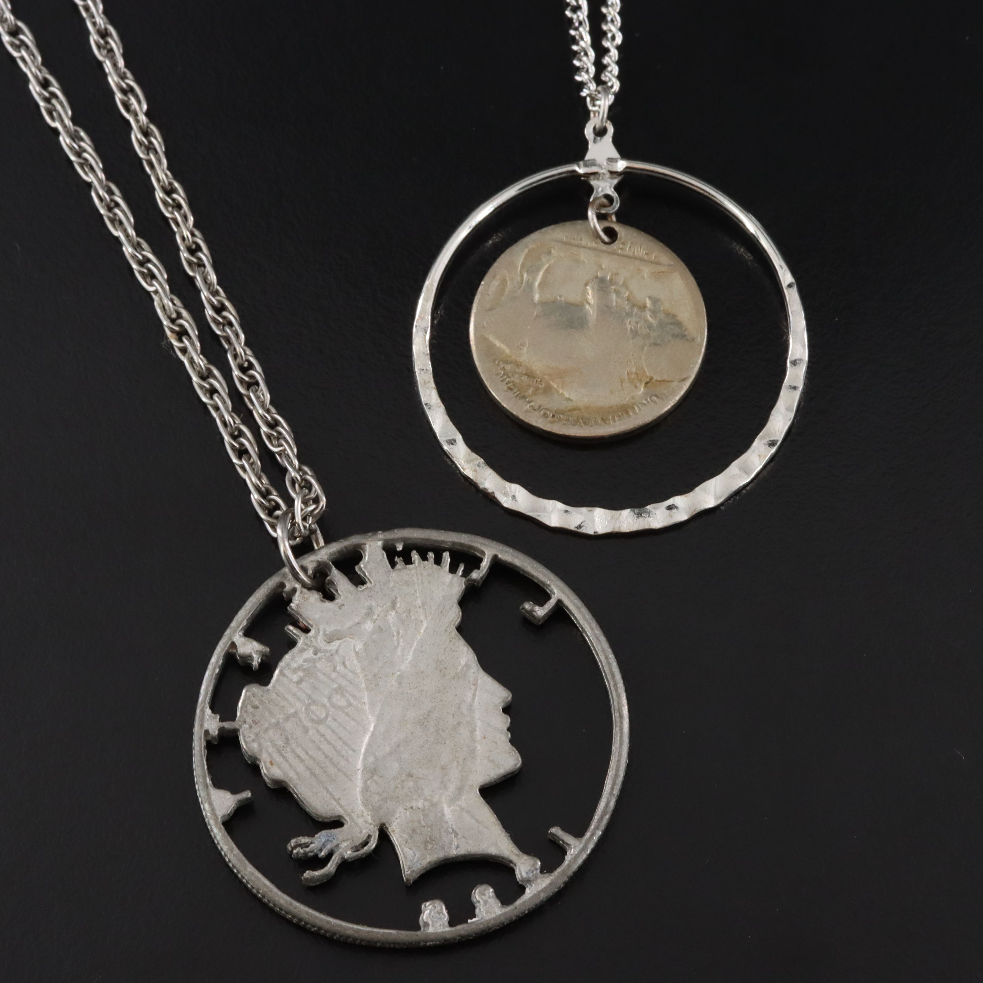 Buffalo Nickle and Cast Replica Cut-Out Peace Dollar Necklaces