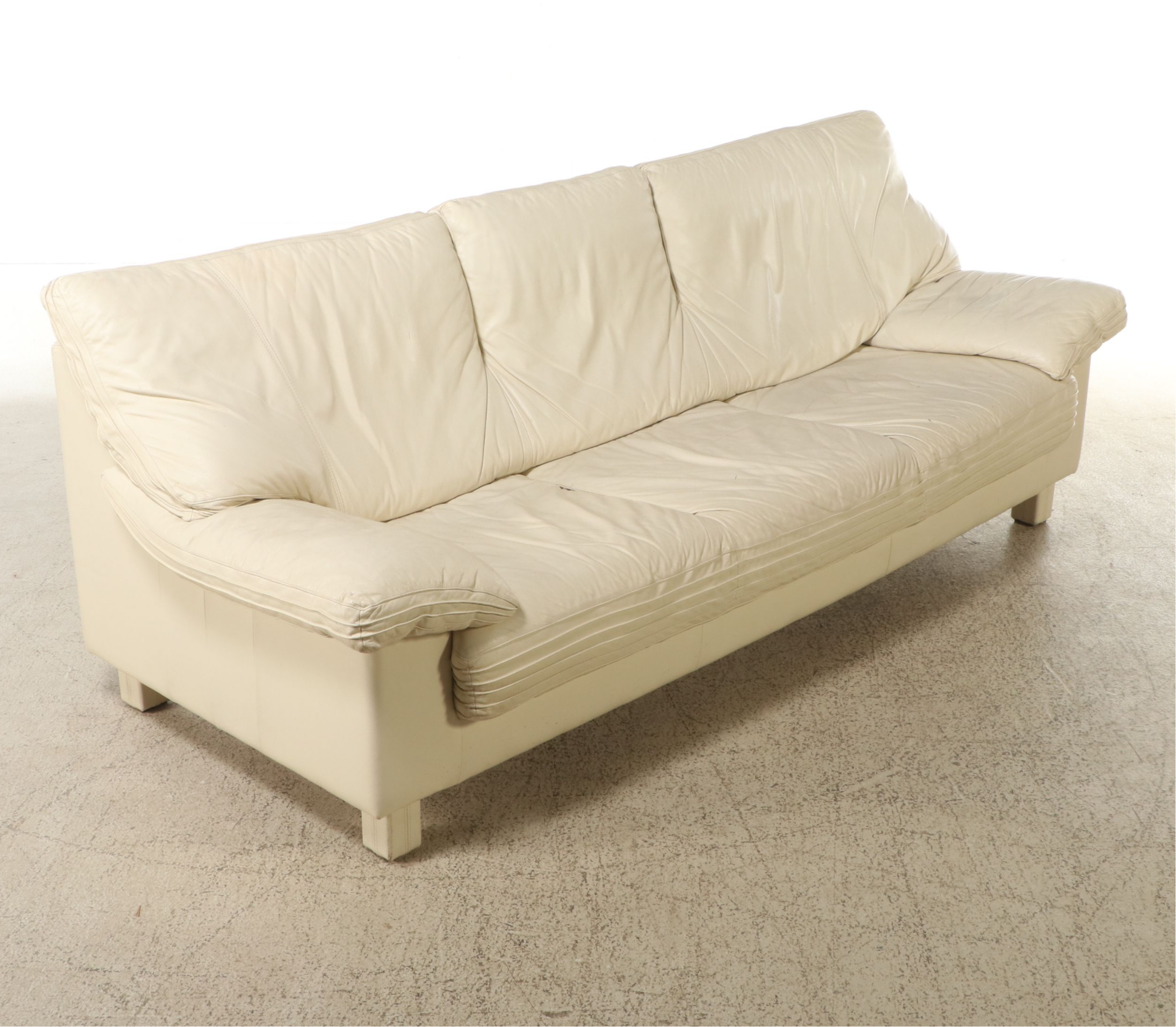 Italian Modernist Style Cream Leather Upholstered Sofa and Loveseat