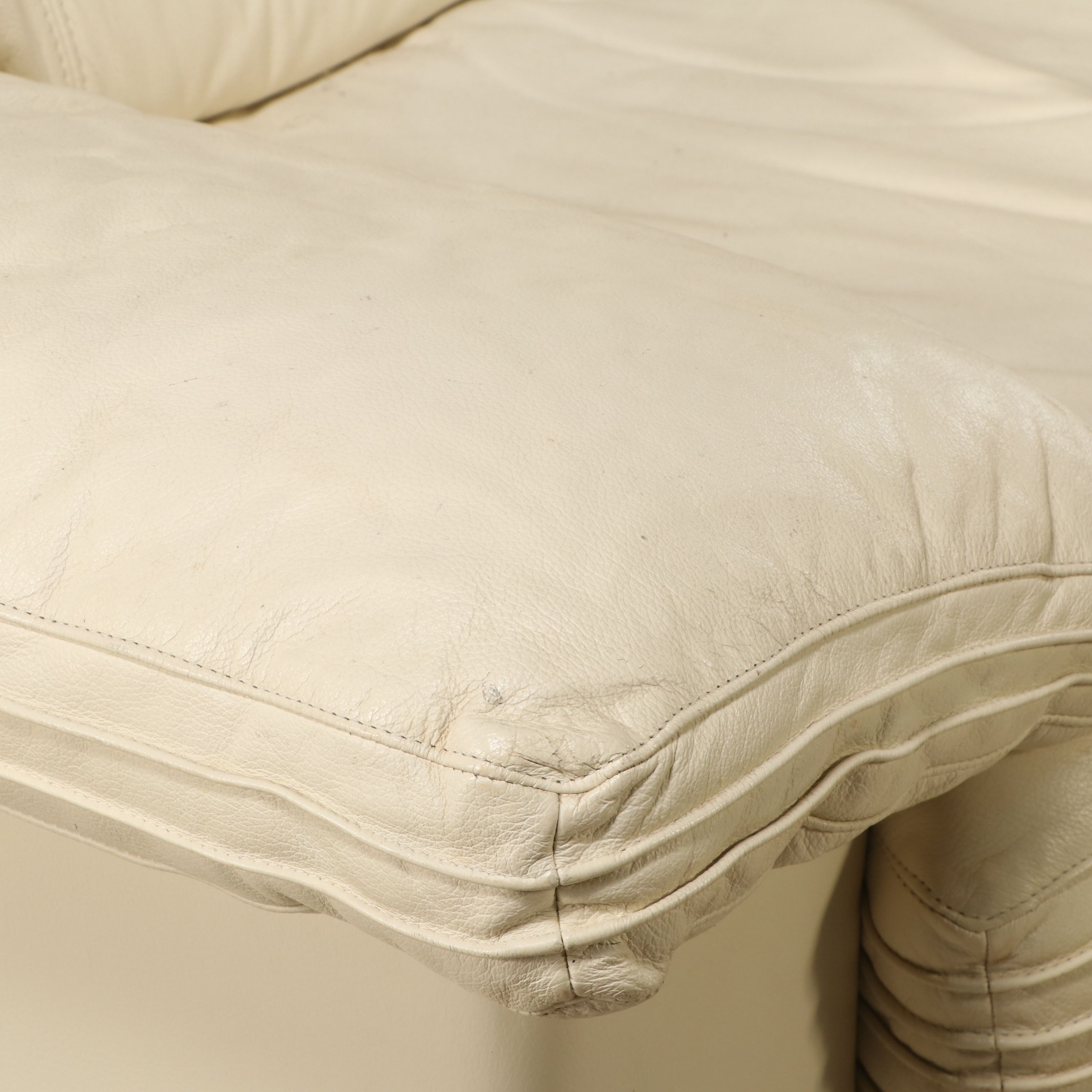 Italian Modernist Style Cream Leather Upholstered Sofa and Loveseat