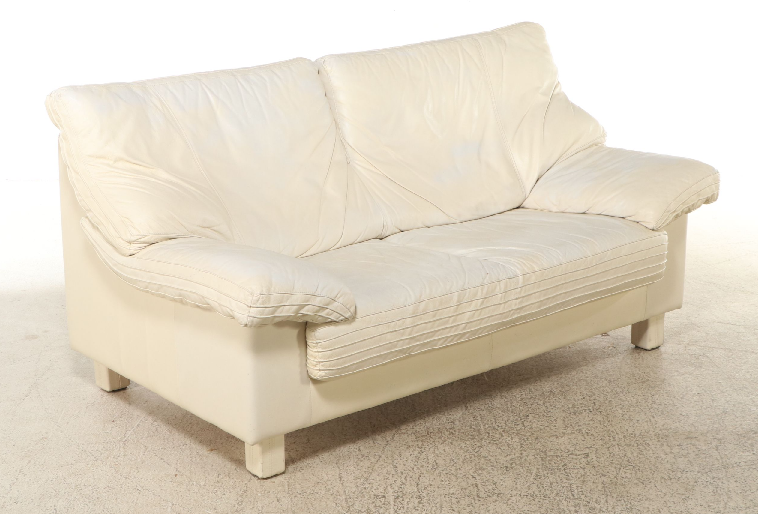 Italian Modernist Style Cream Leather Upholstered Sofa and Loveseat