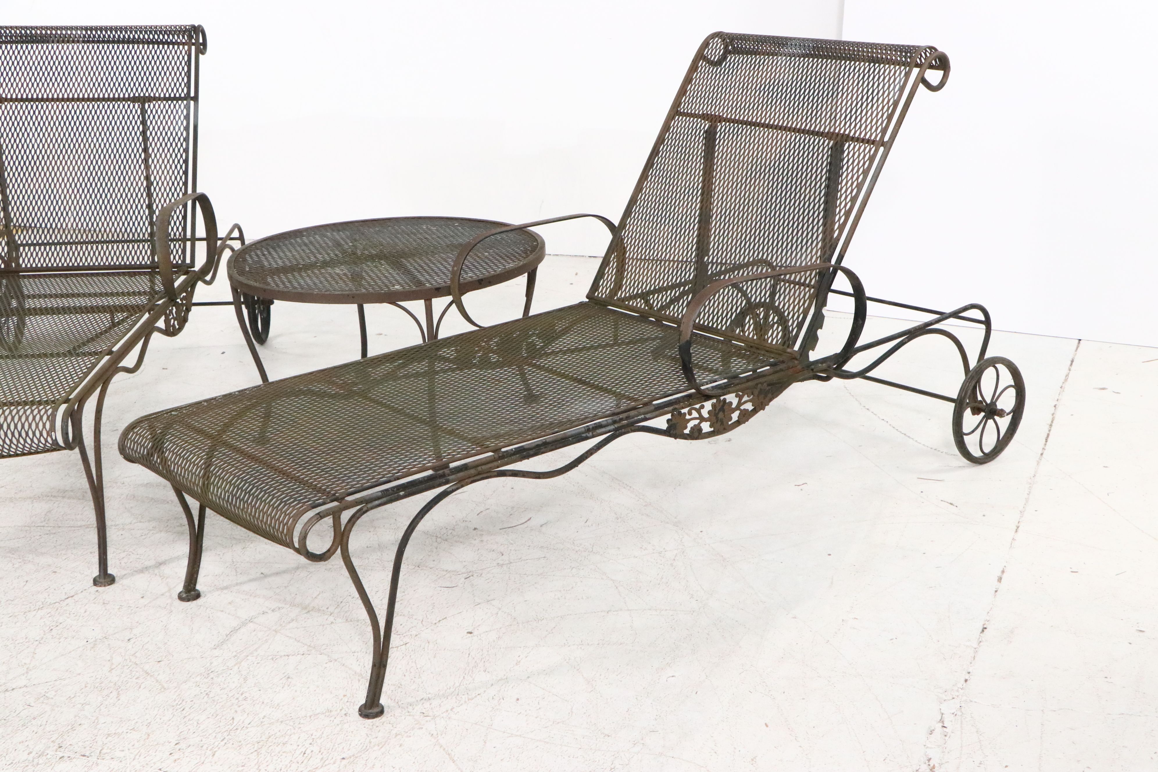 Pair of Wrought Iron Patio Chaise Lounges with Accent Table