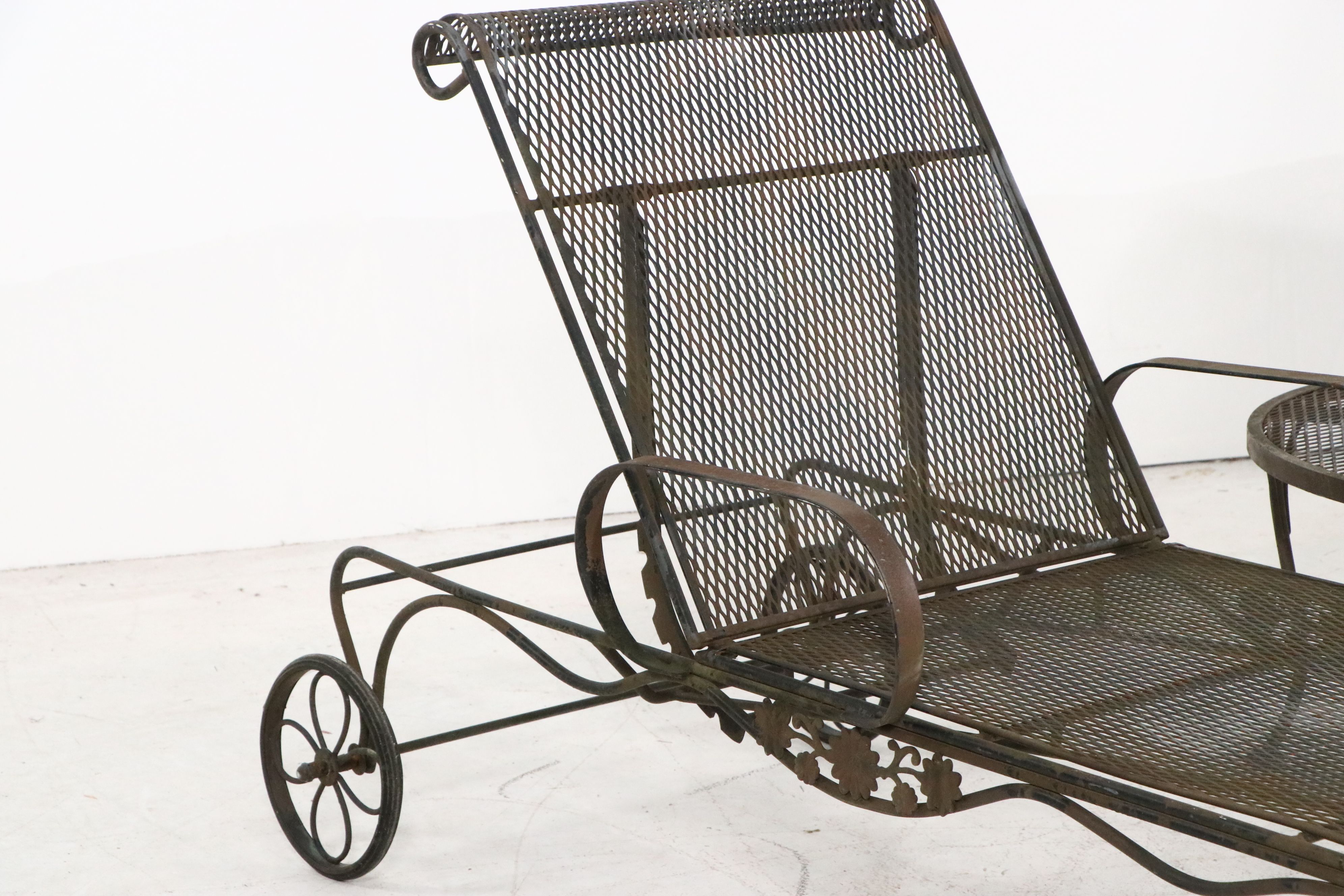 Pair of Wrought Iron Patio Chaise Lounges with Accent Table