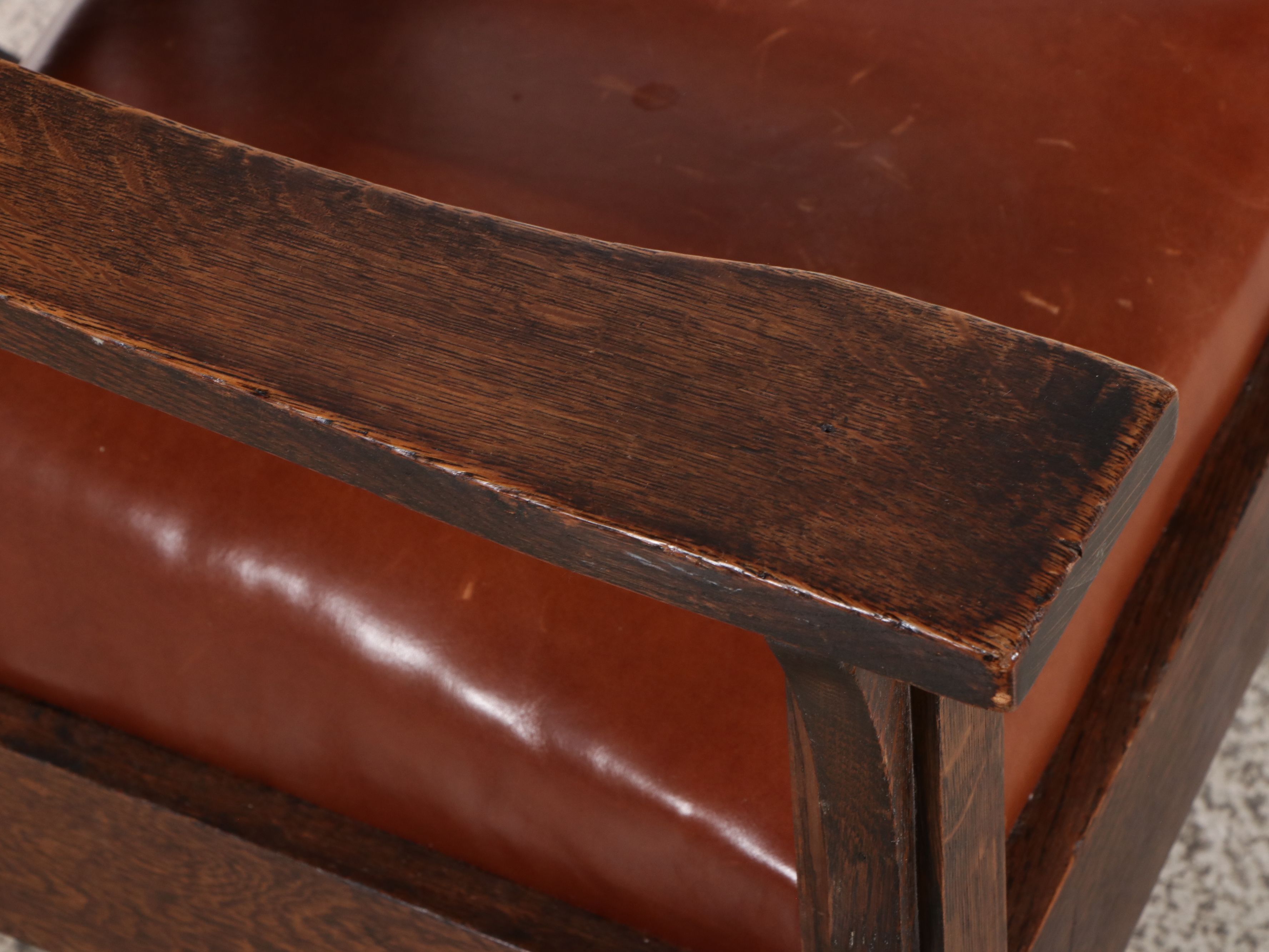 Arts & Crafts Style Oak and Leather Rocking Chair and End Table, 20th Century