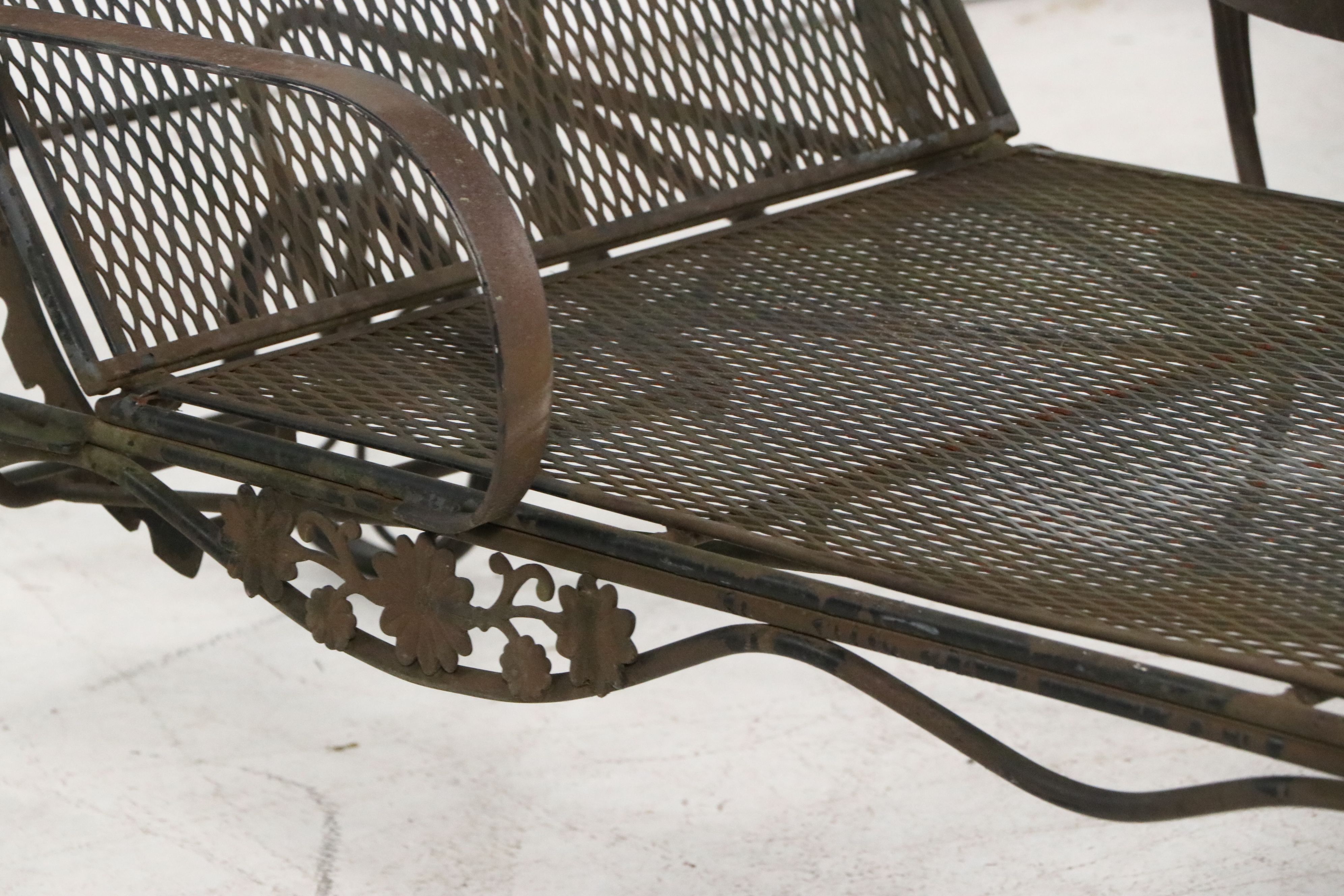 Pair of Wrought Iron Patio Chaise Lounges with Accent Table