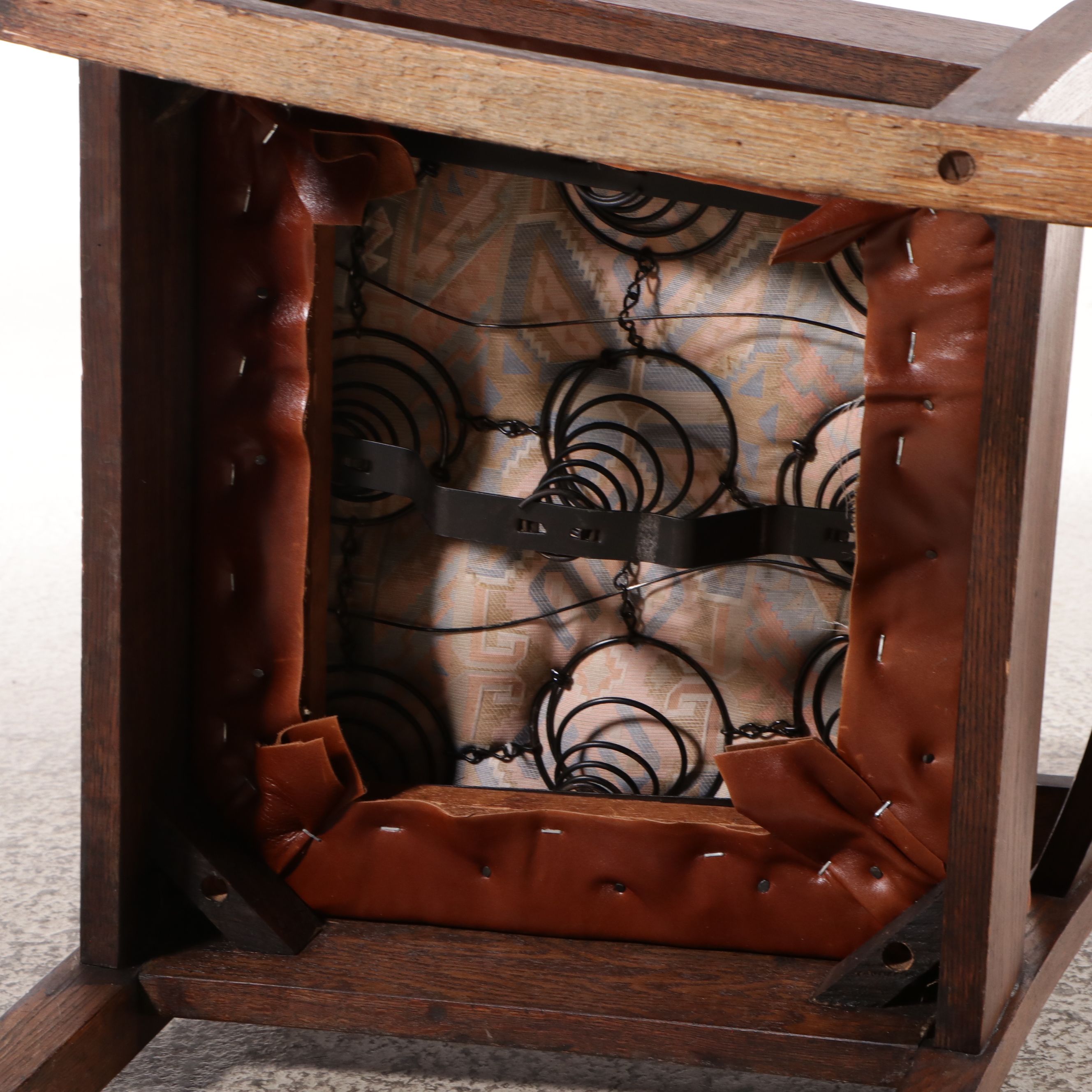 Arts & Crafts Style Oak and Leather Rocking Chair and End Table, 20th Century