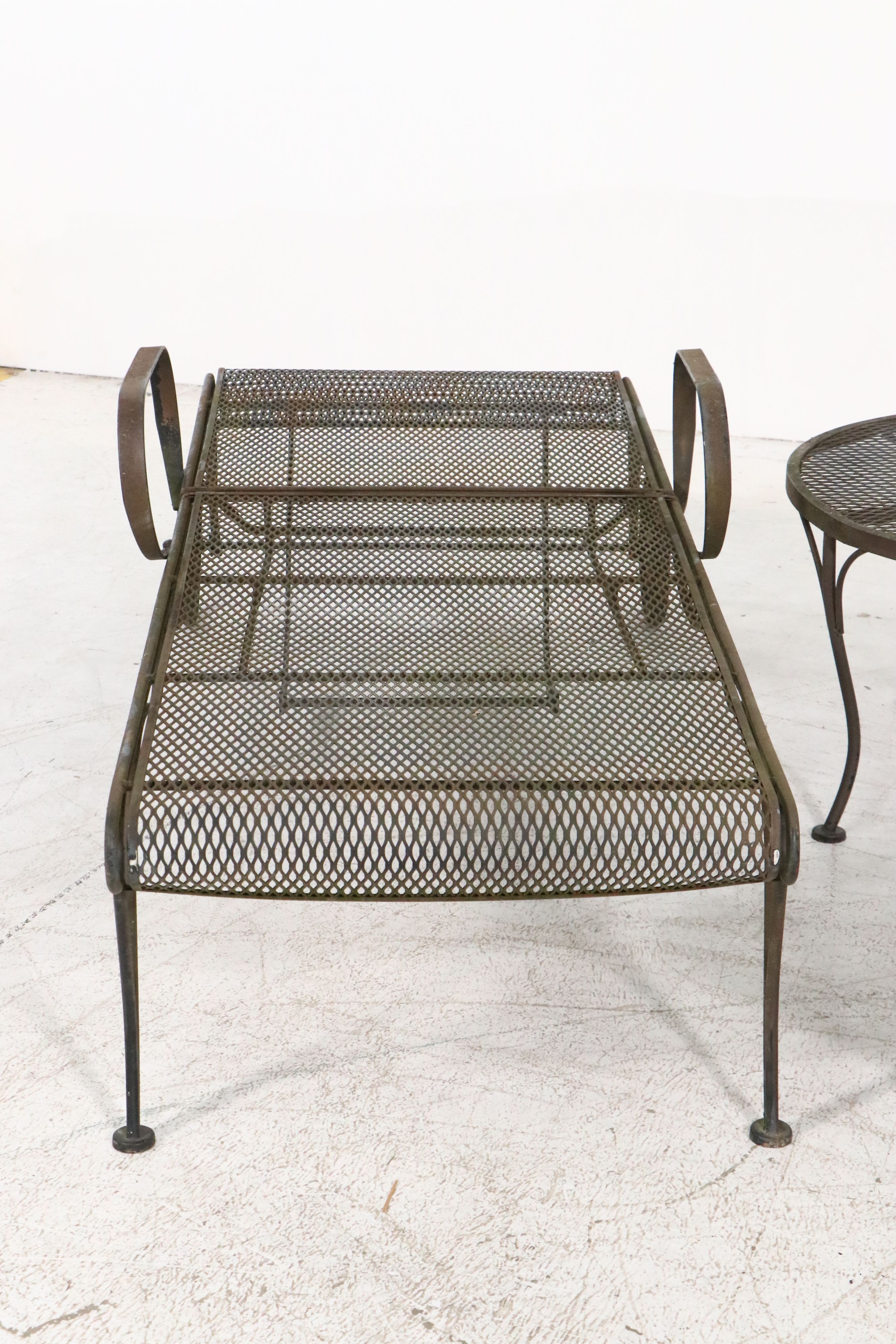 Pair of Wrought Iron Patio Chaise Lounges with Accent Table
