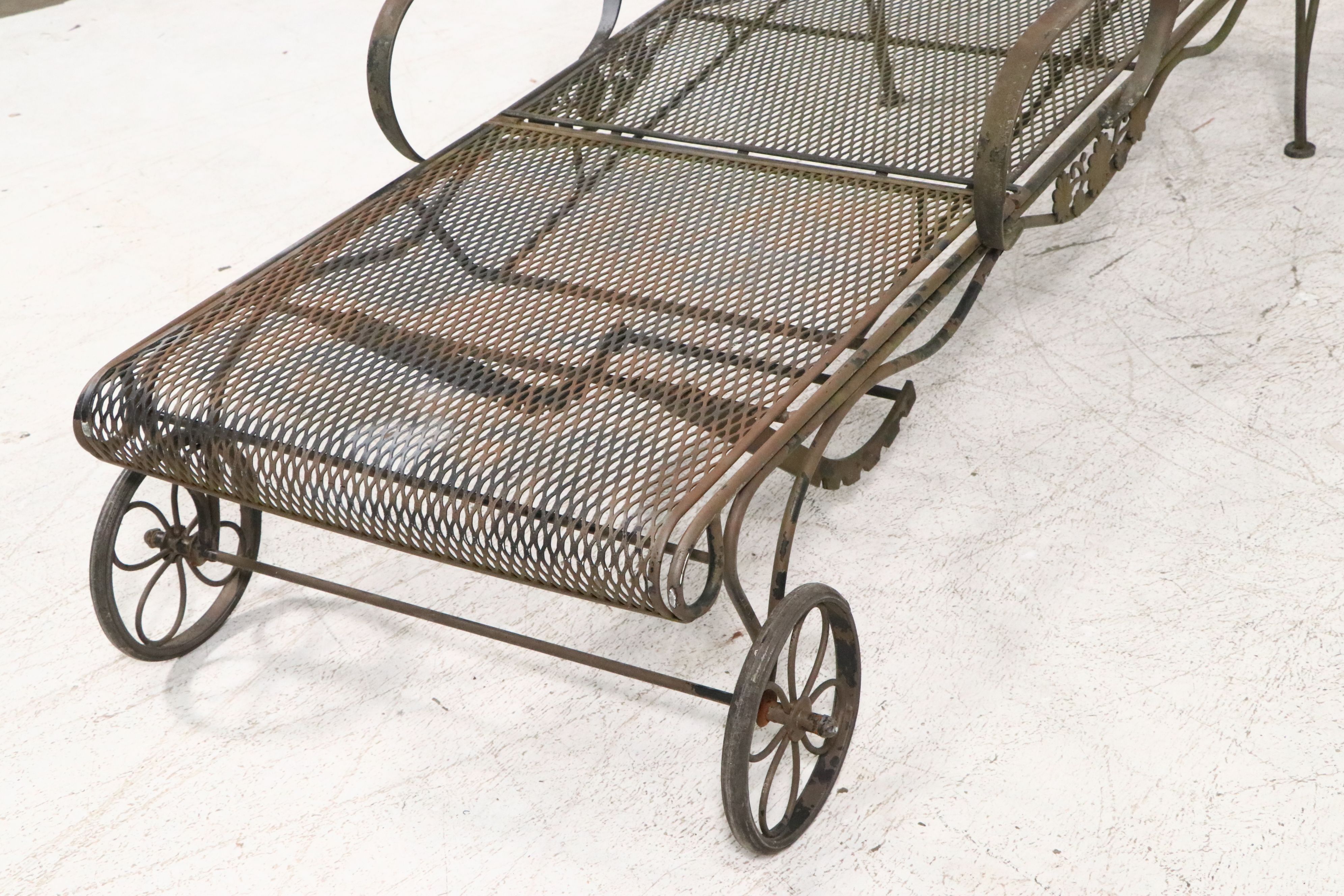 Pair of Wrought Iron Patio Chaise Lounges with Accent Table