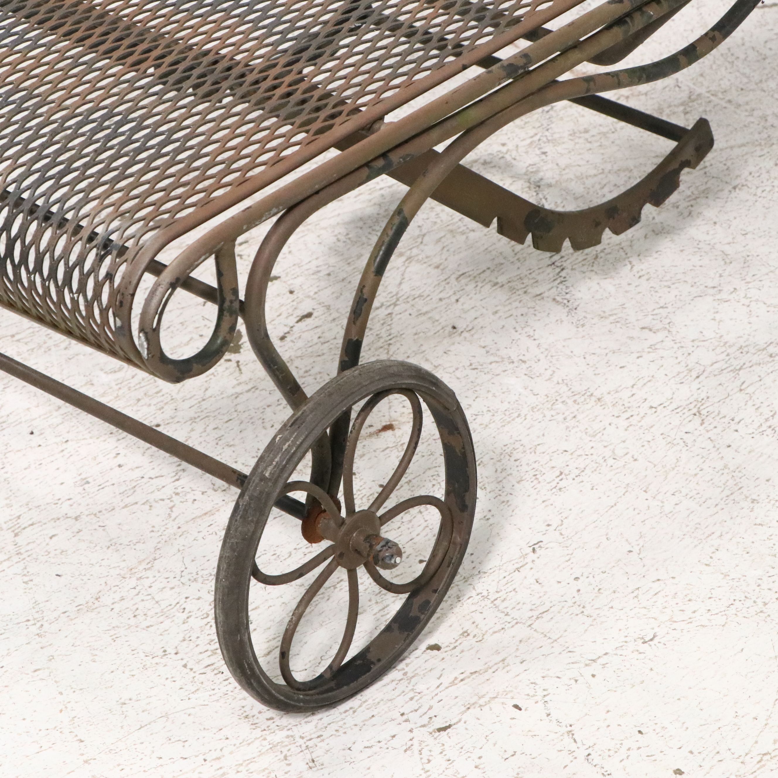 Pair of Wrought Iron Patio Chaise Lounges with Accent Table