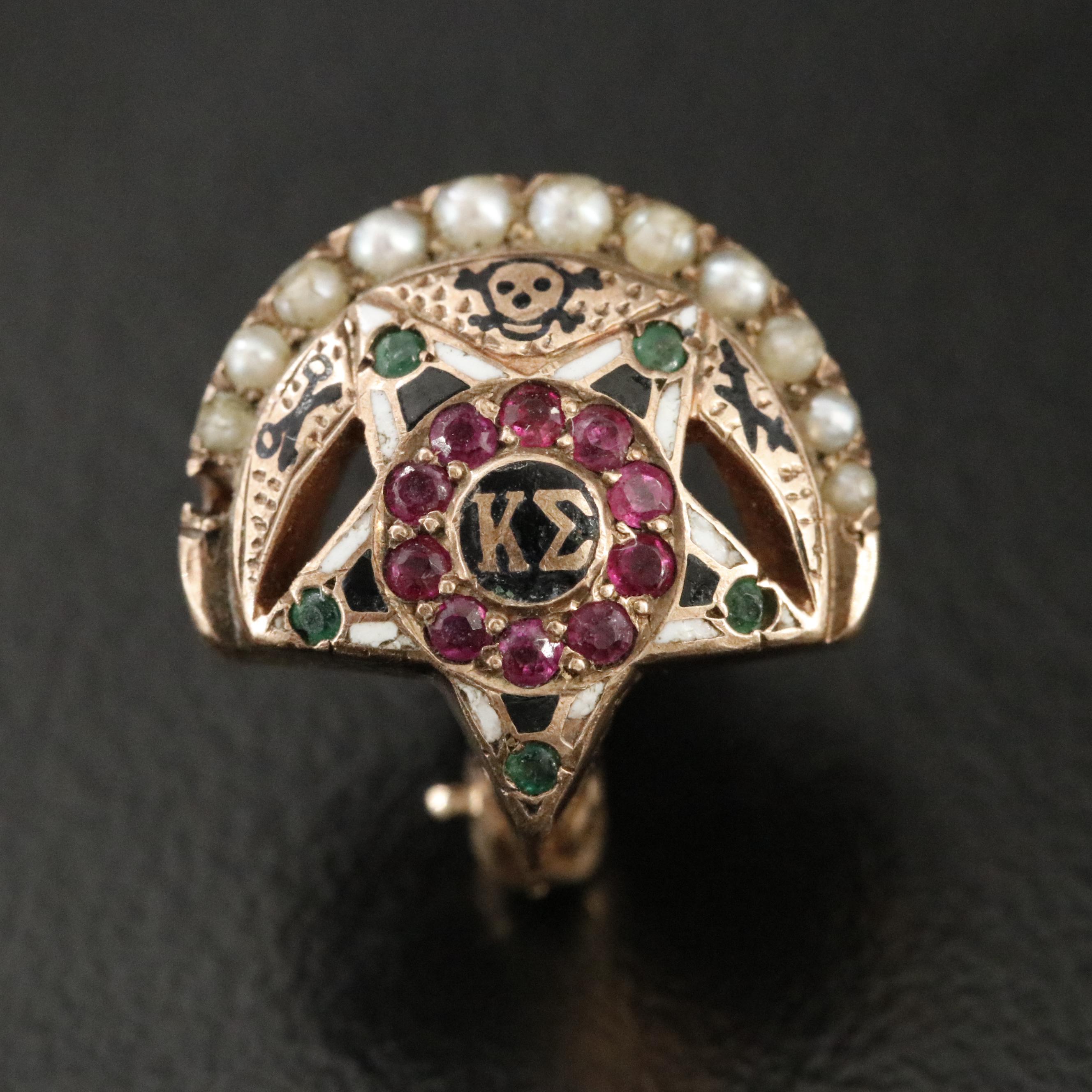 10K Ruby, Emerald, Seed Pearl and Enamel Kappa Sigma Fraternity Pin