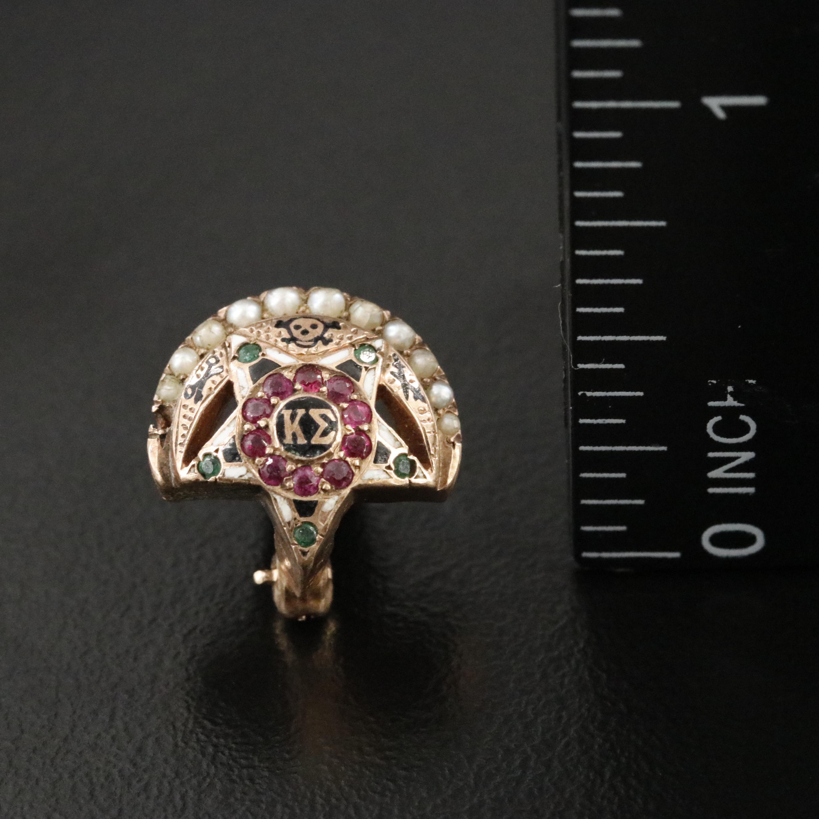 10K Ruby, Emerald, Seed Pearl and Enamel Kappa Sigma Fraternity Pin
