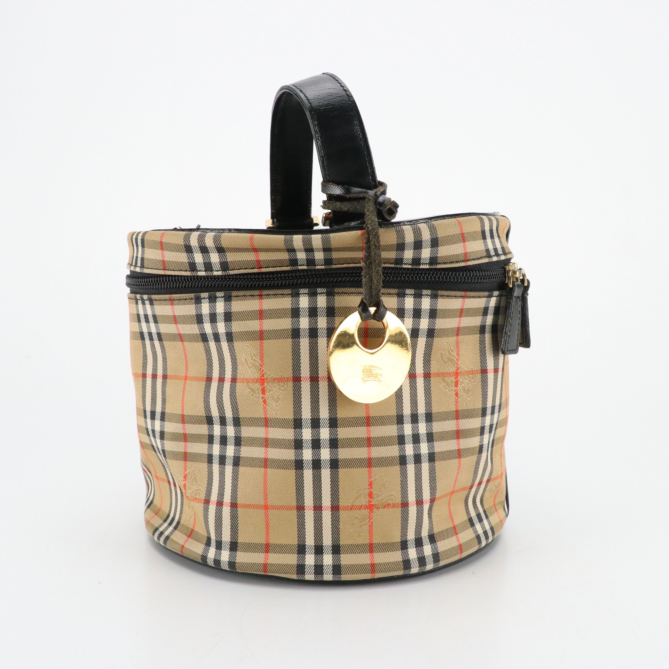 Burberry Top Handle Vanity Bag in Haymarket Check Canvas & Dark Brown Leather