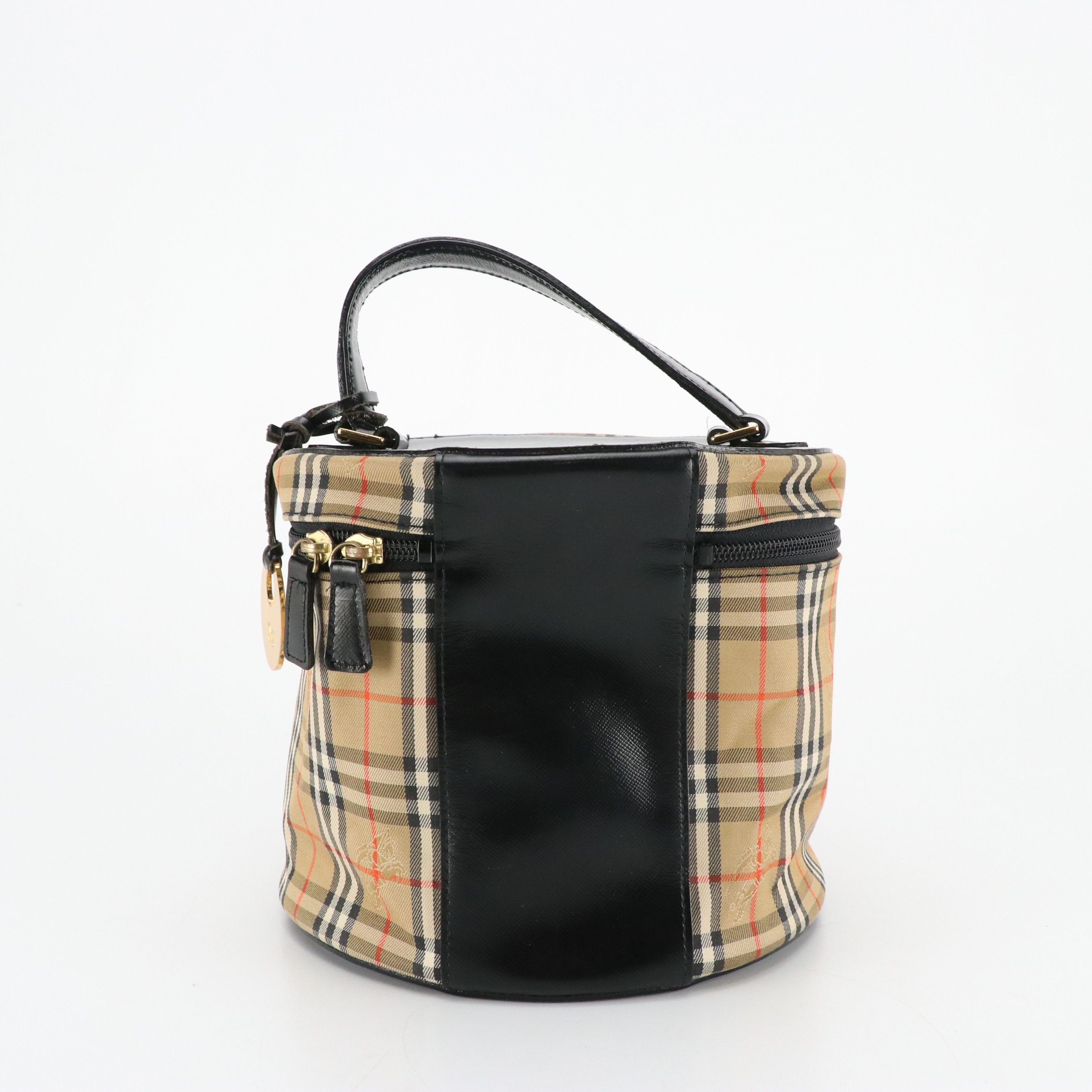 Burberry Top Handle Vanity Bag in Haymarket Check Canvas & Dark Brown Leather