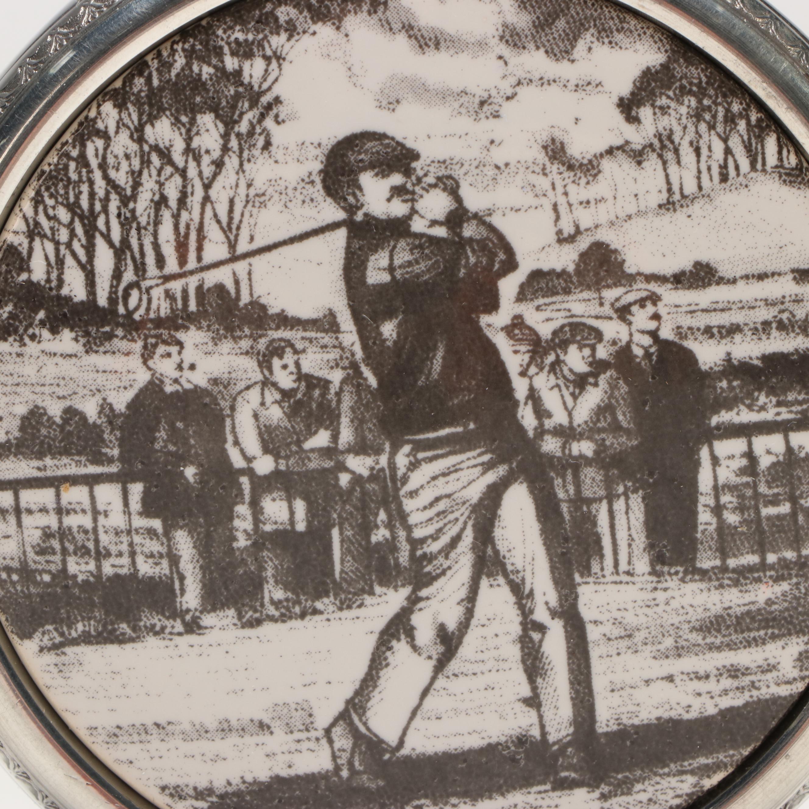 Pinder Brothers Sheffield Pewter Spirit Flask with Golfing Scene