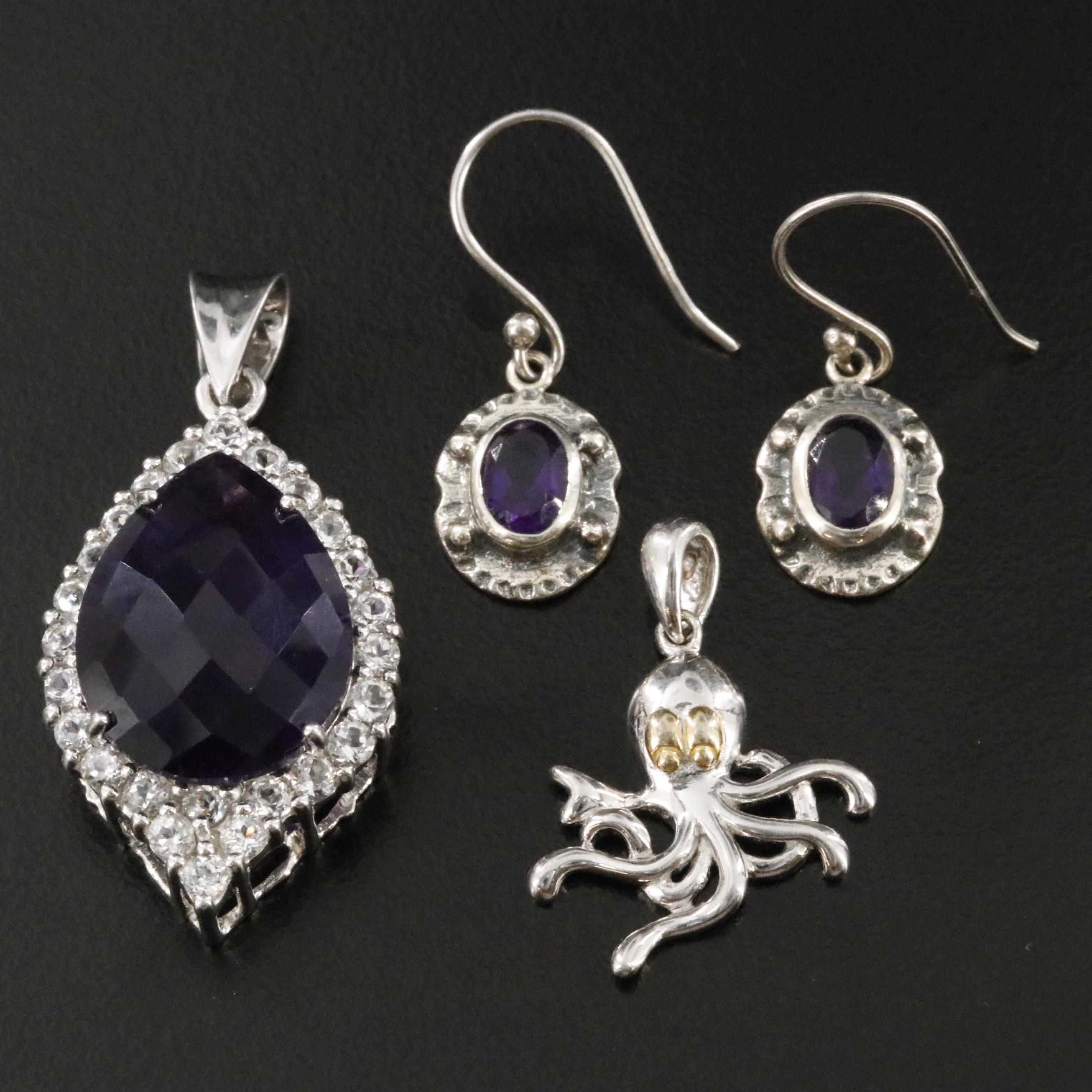 Sterling Amethyst and White Sapphire Pendants and Earrings