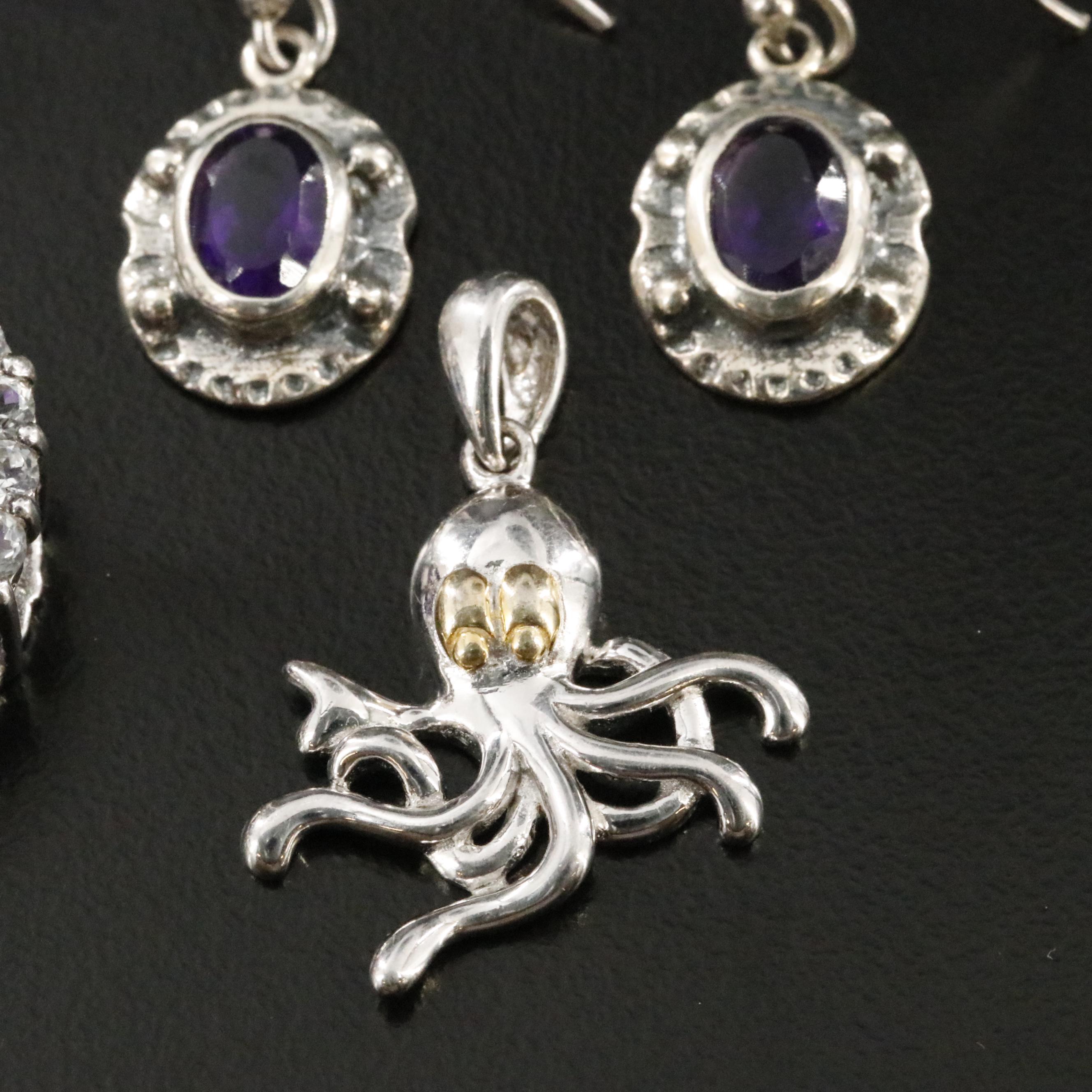 Sterling Amethyst and White Sapphire Pendants and Earrings