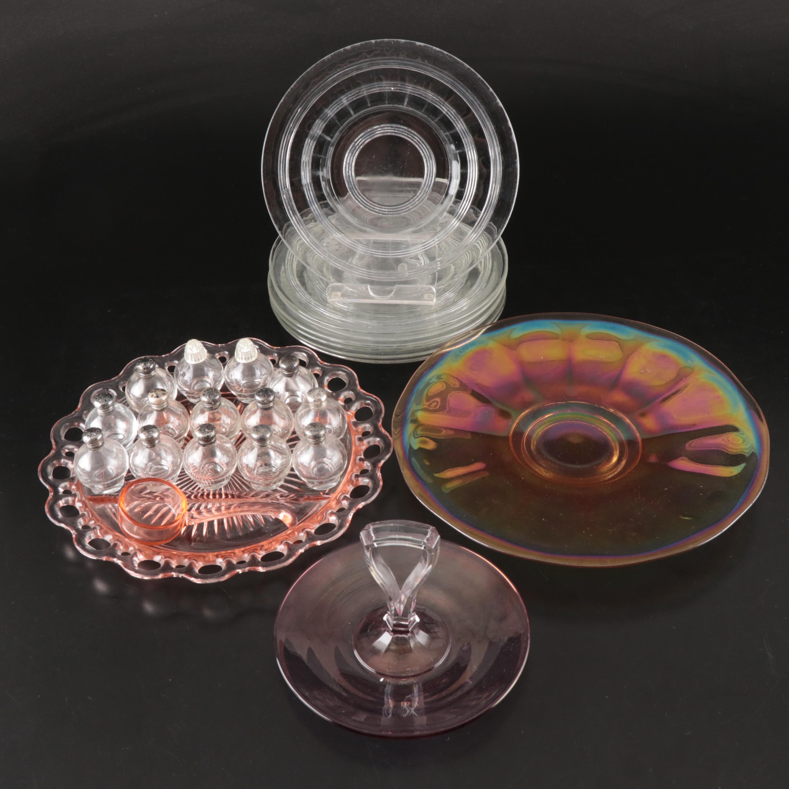 Vintage Banded Glass Plates with Rainbow Iridescent and Other Glass Tableware