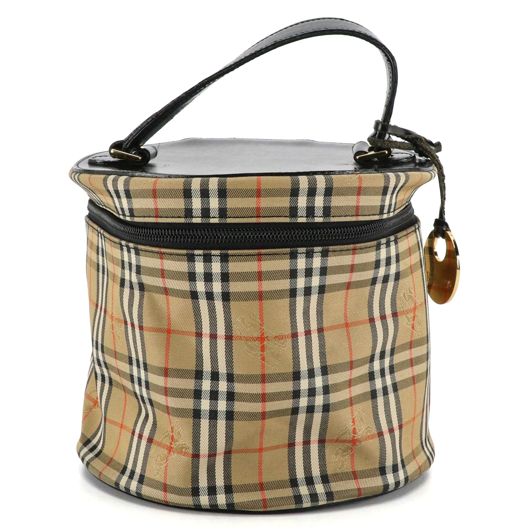 Burberry Top Handle Vanity Bag in Haymarket Check Canvas & Dark Brown Leather
