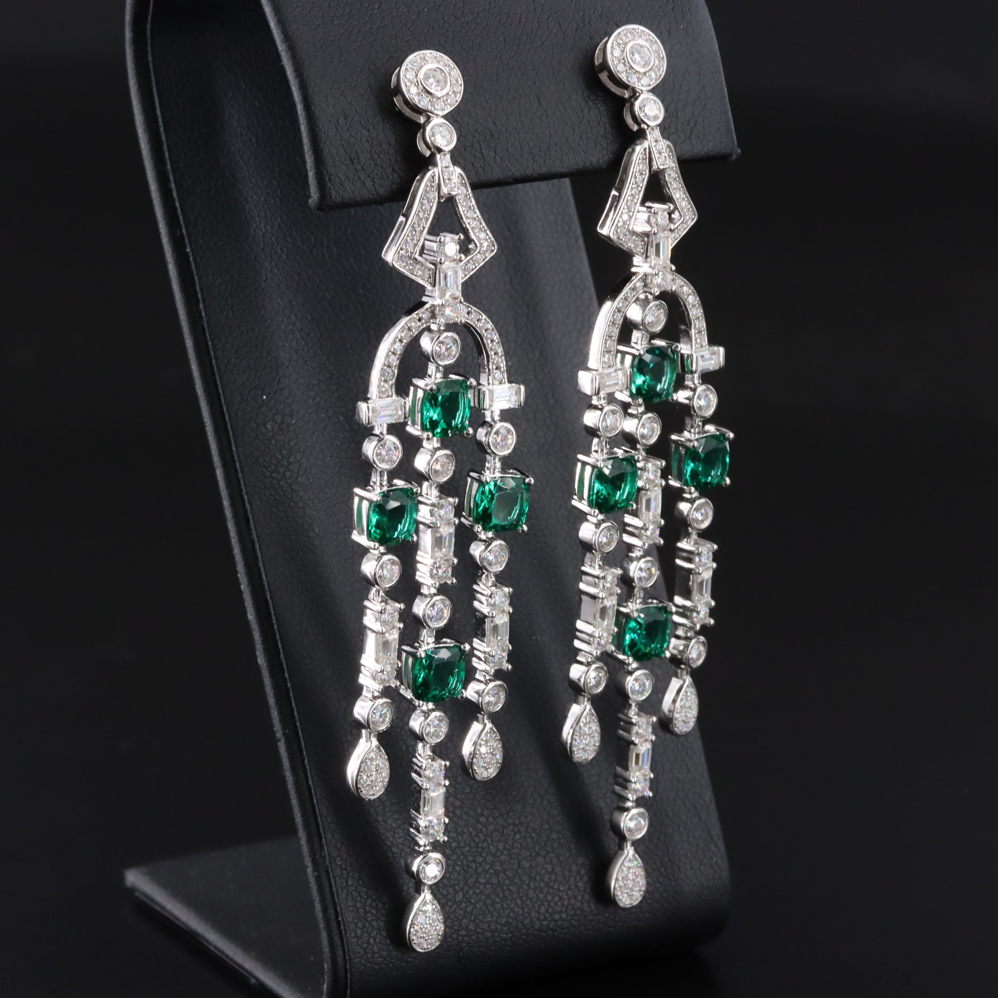 Sterling Emerald and Moissanite Chandelier Earrings