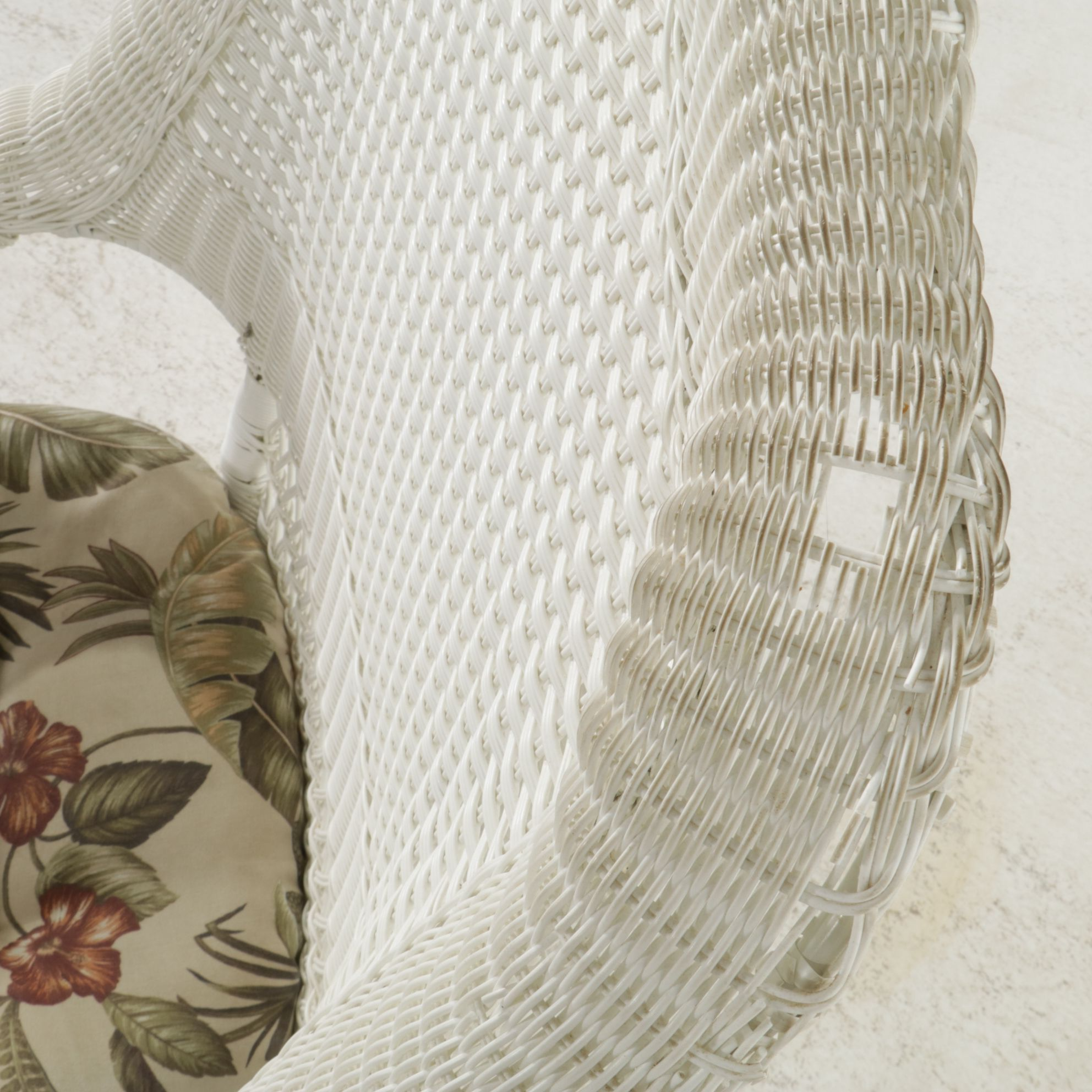 White Faux Rattan Wicker Patio Loveseat, Rocking Chair, and Side Table