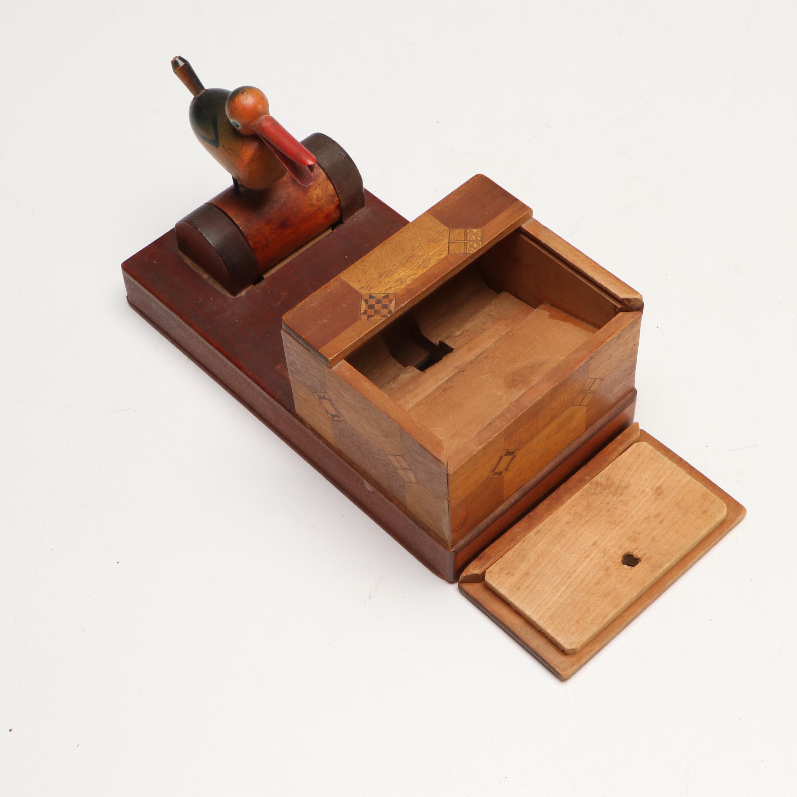 Folk Art Bobbing Bird Marquetry Wood Mechanical Cigarette Dispenser