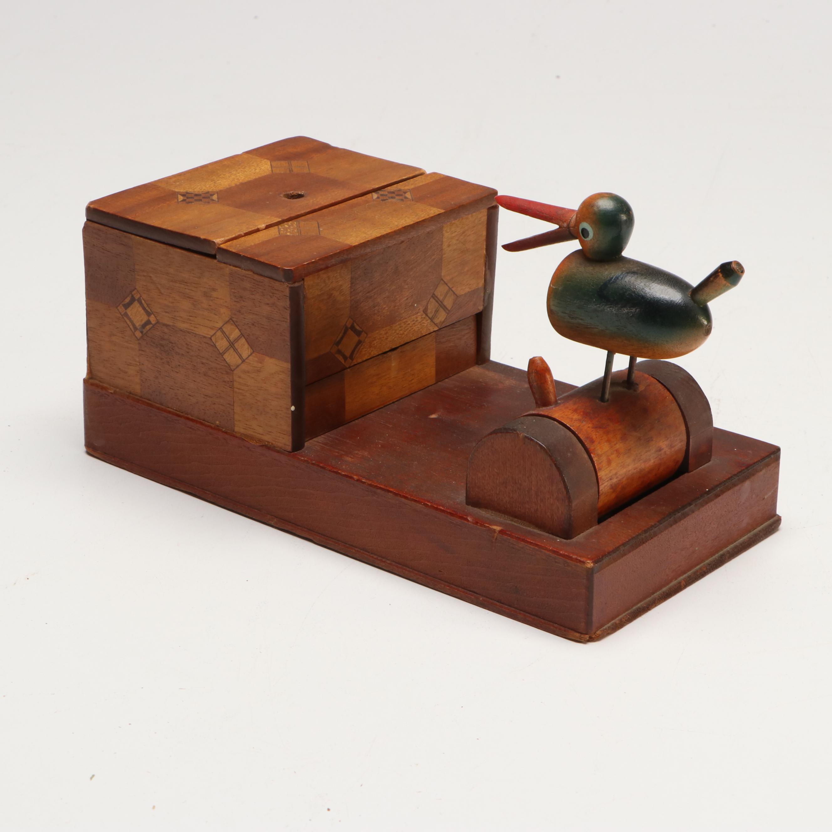 Folk Art Bobbing Bird Marquetry Wood Mechanical Cigarette Dispenser