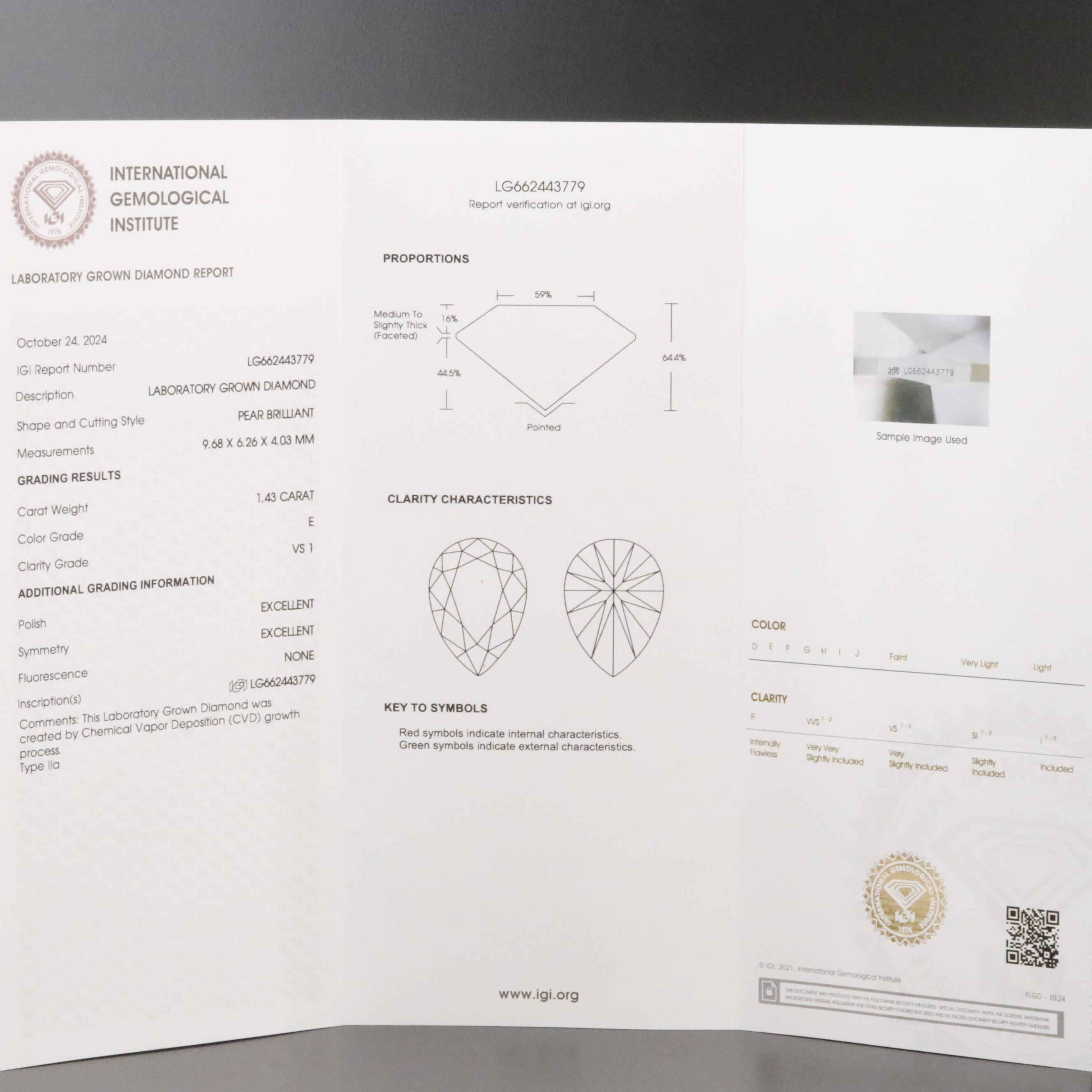 Loose 1.43 CT Lab Grown Diamond with IGI Report