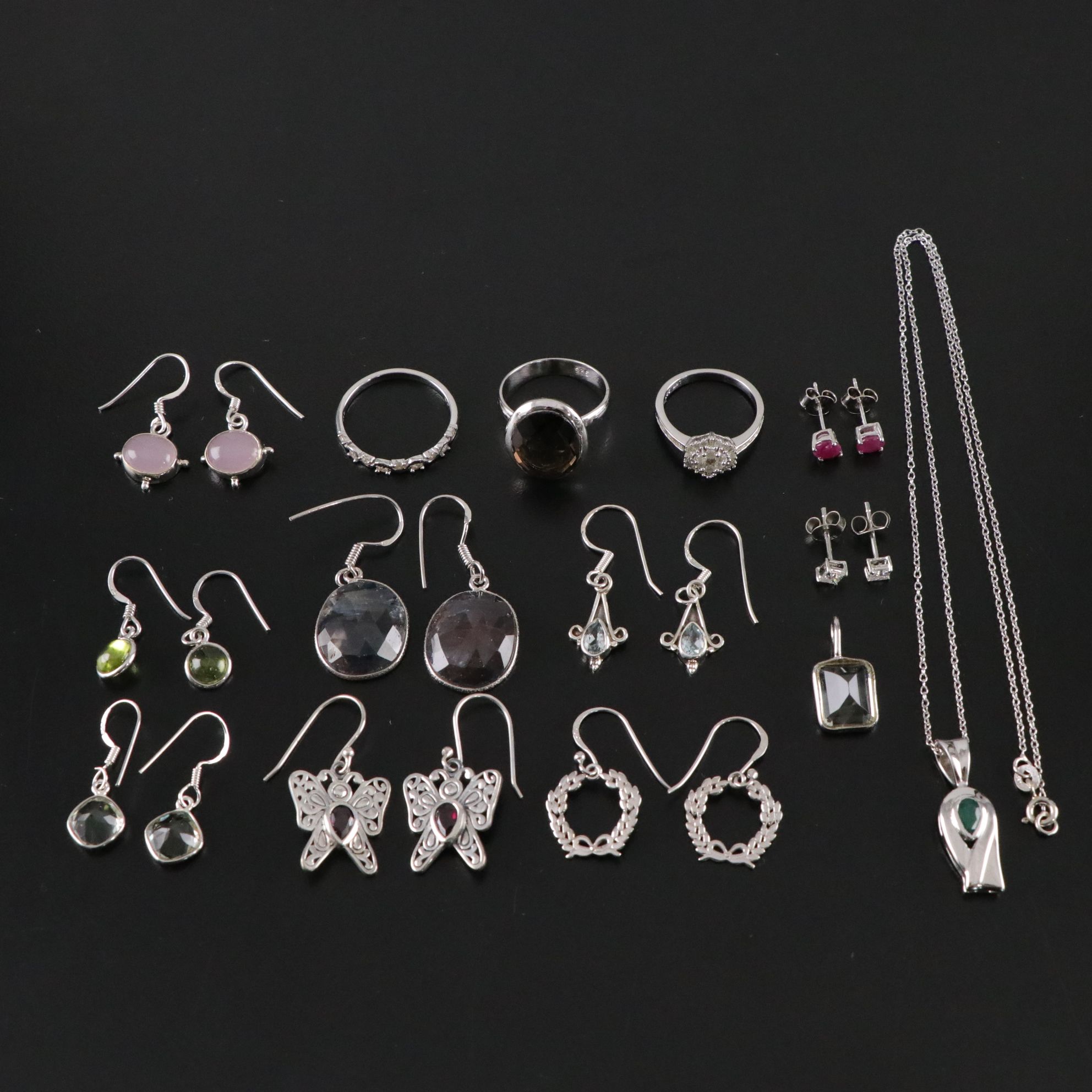 14 Assorted Sterling Silver Rings, Necklaces and Earrings