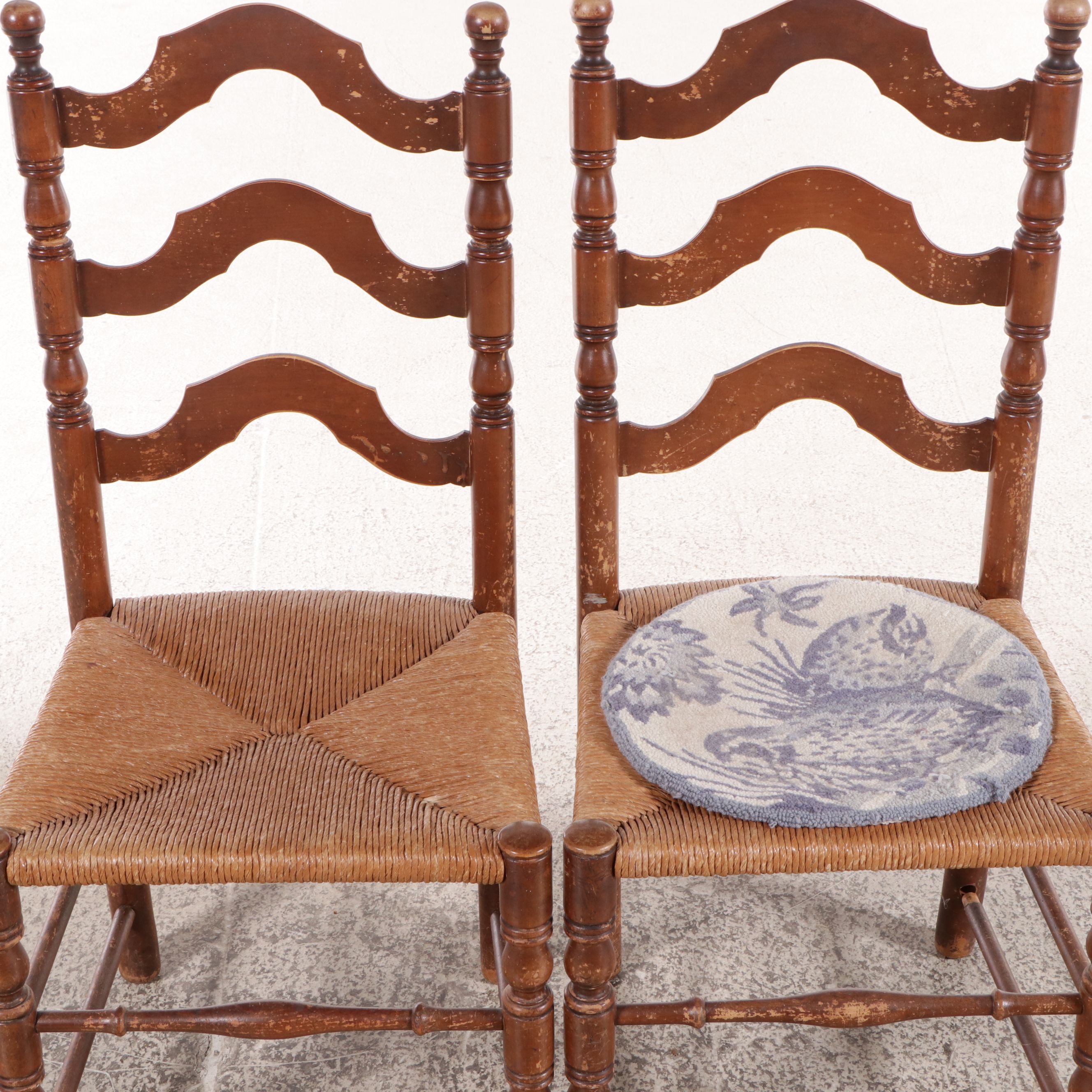 Pair of American Colonial Style Side Chairs with Rush Footstool, 20th Century
