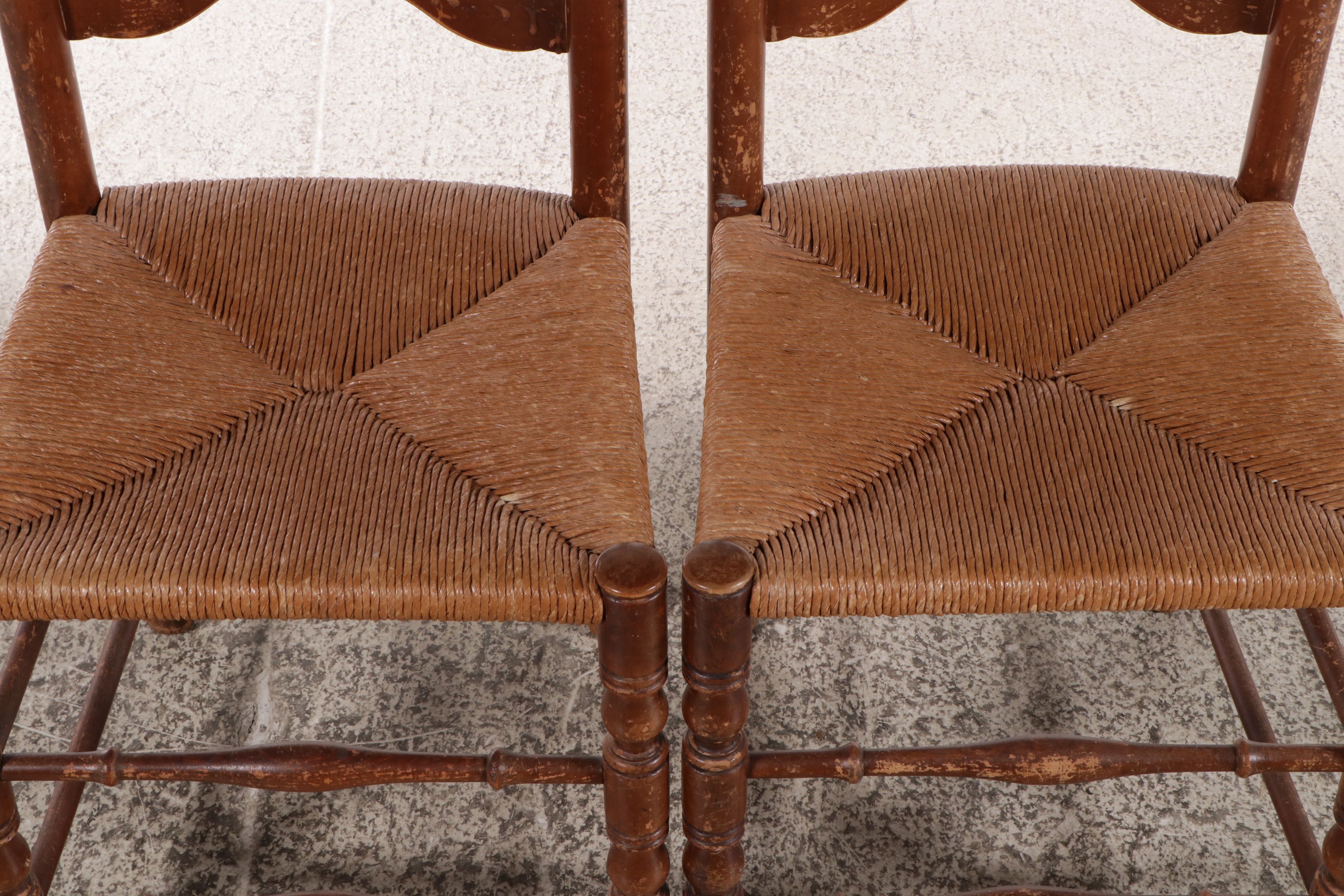 Pair of American Colonial Style Side Chairs with Rush Footstool, 20th Century