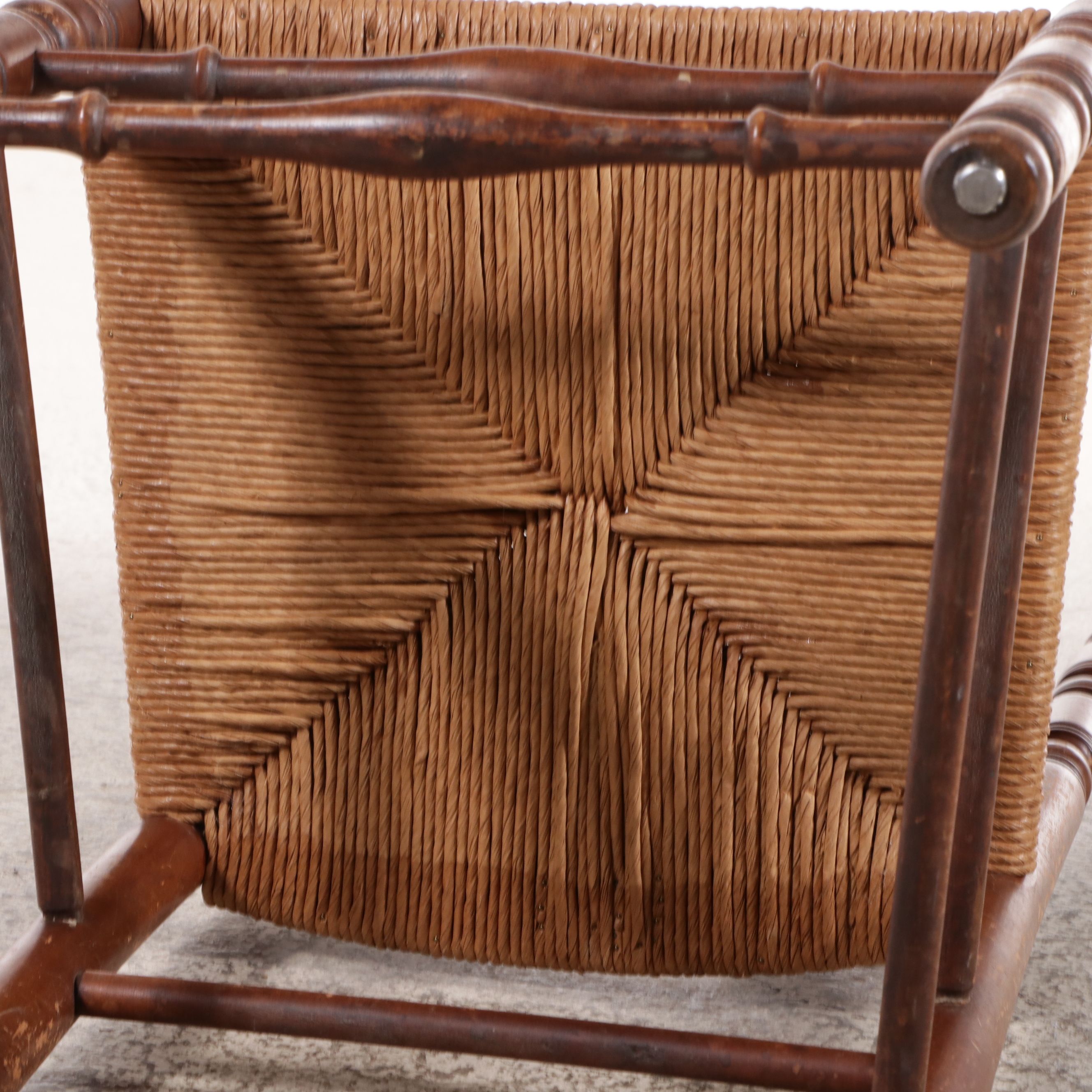 Pair of American Colonial Style Side Chairs with Rush Footstool, 20th Century