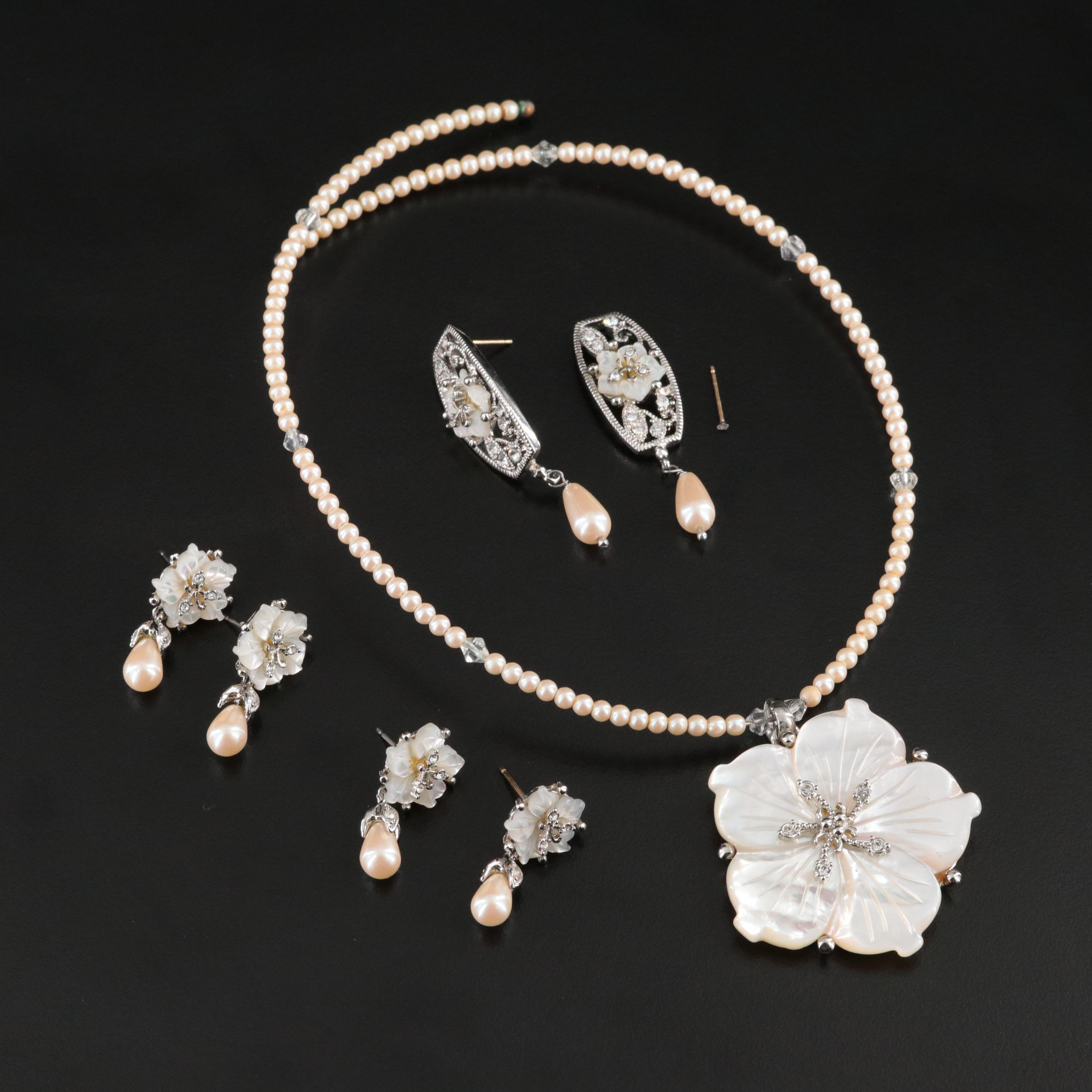 Flexible Pendant Necklace and Earrings with Mother-of-Pearl Flowers