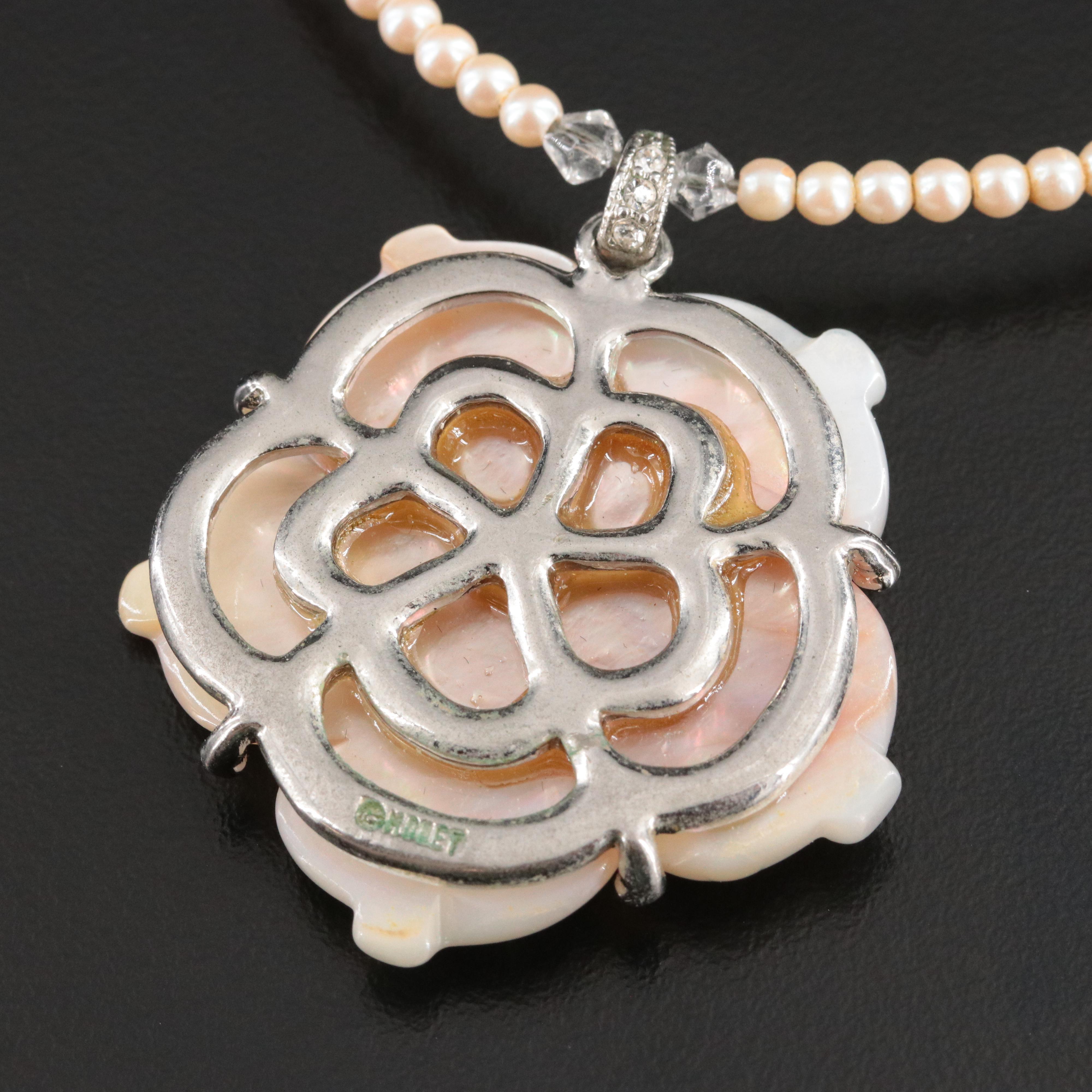 Flexible Pendant Necklace and Earrings with Mother-of-Pearl Flowers