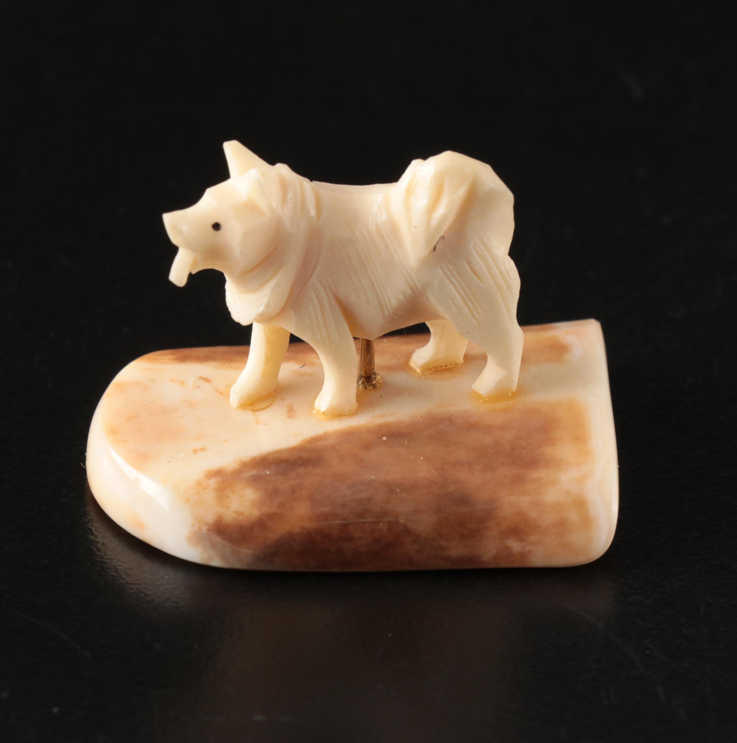 Inuit and Arctic Indigenous Carved Walrus Ivory Hunter in Kayak and Animals