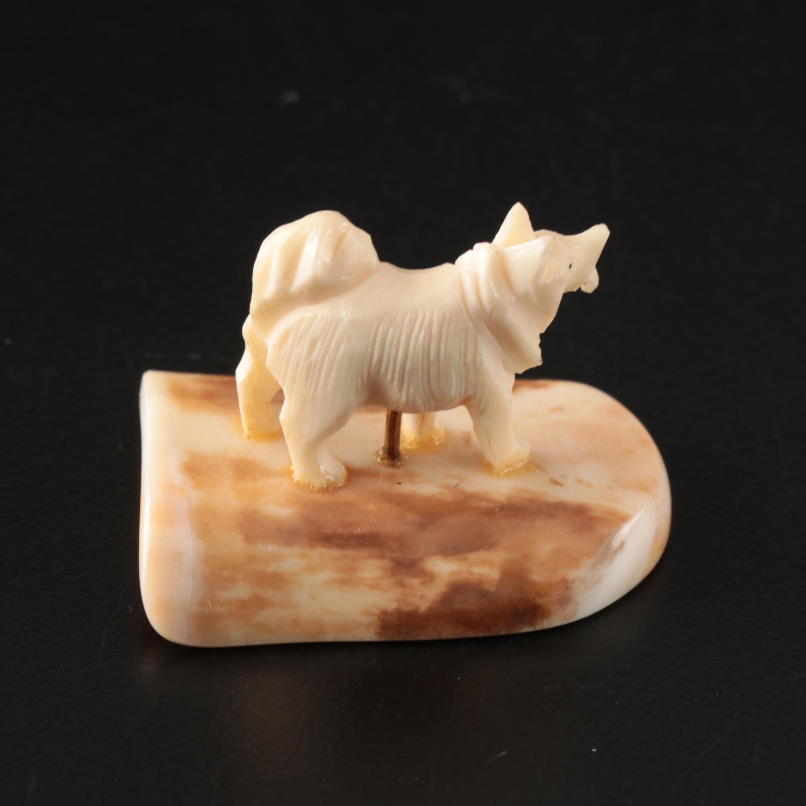 Inuit and Arctic Indigenous Carved Walrus Ivory Hunter in Kayak and Animals