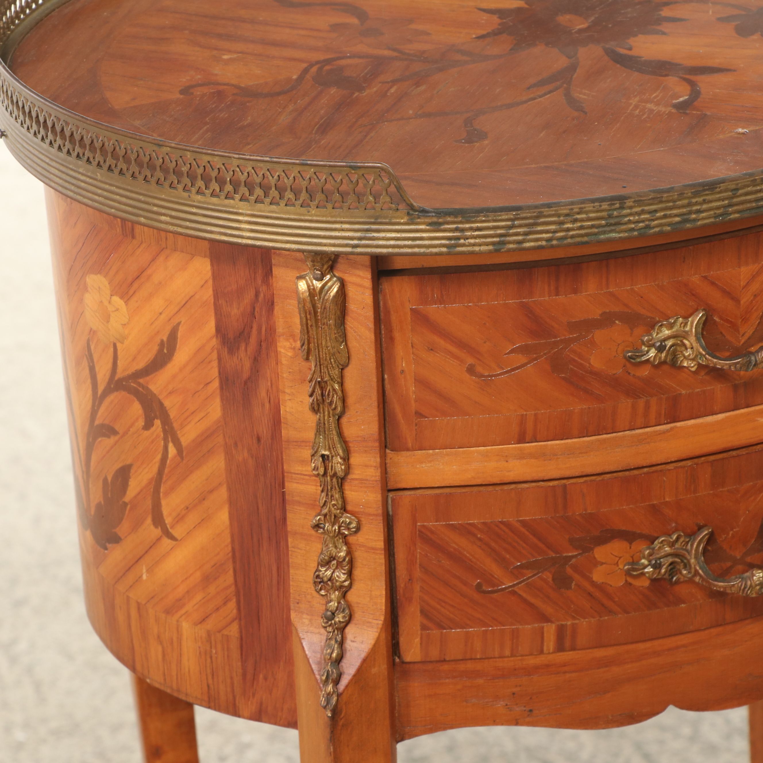 Pair of Louis XV Style Ormolu and Marquetry Inlaid Nightstands, 20th Century