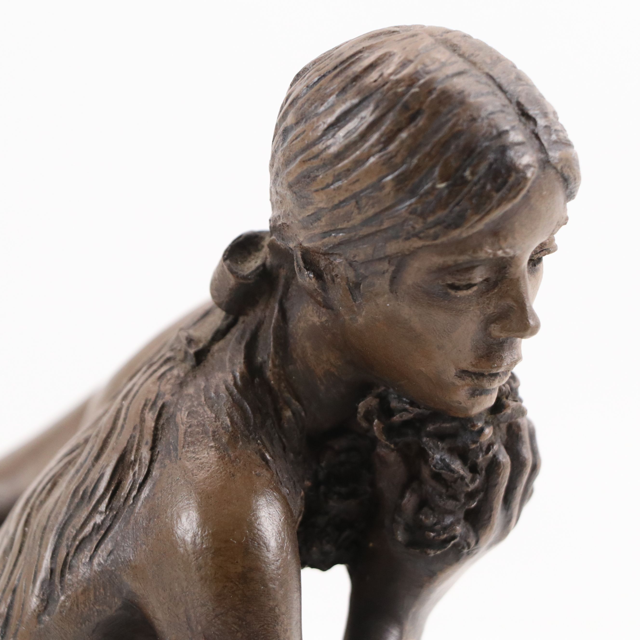 M. Stelzer Cast Spelter Sculpture of Kneeling Figure with Flowers