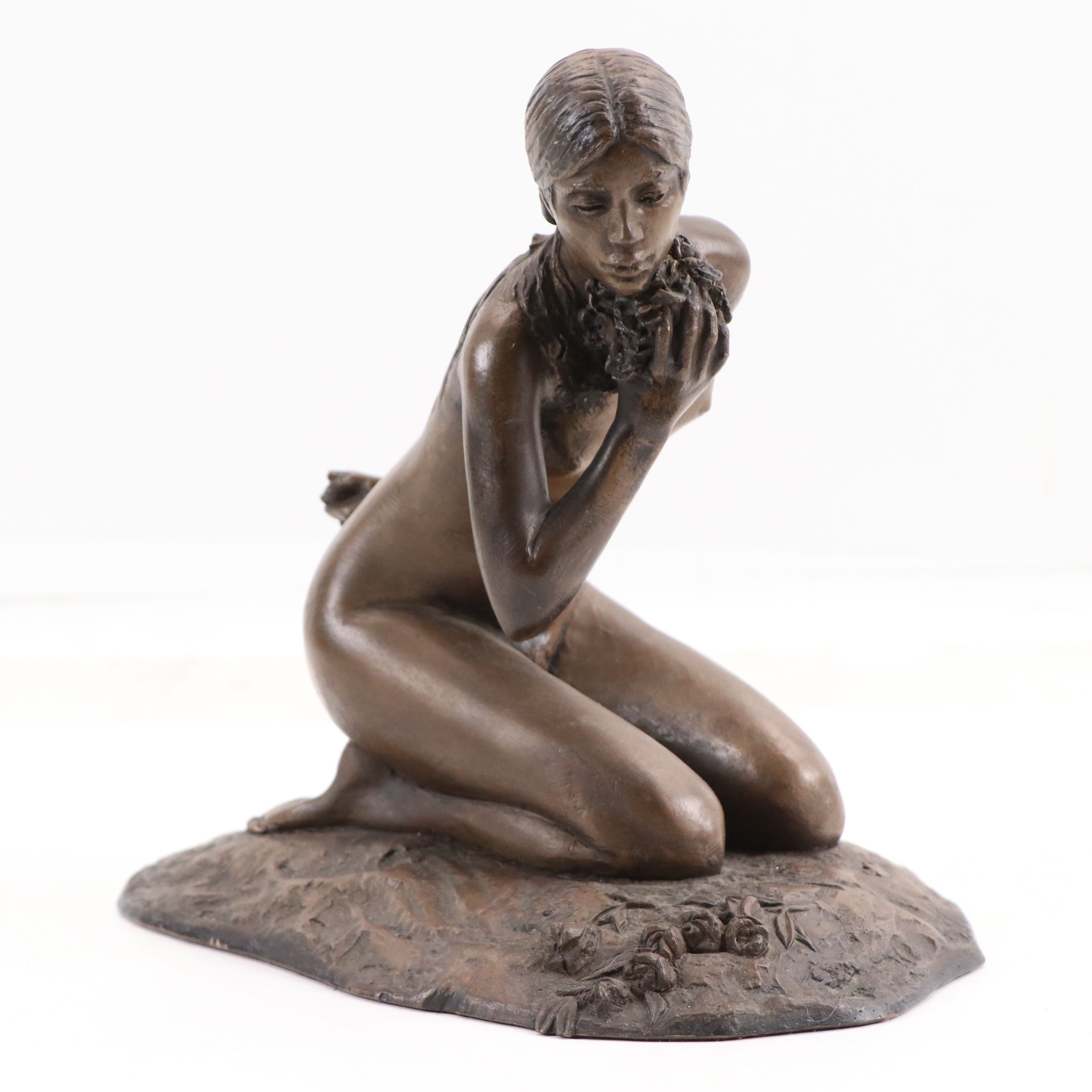 M. Stelzer Cast Spelter Sculpture of Kneeling Figure with Flowers