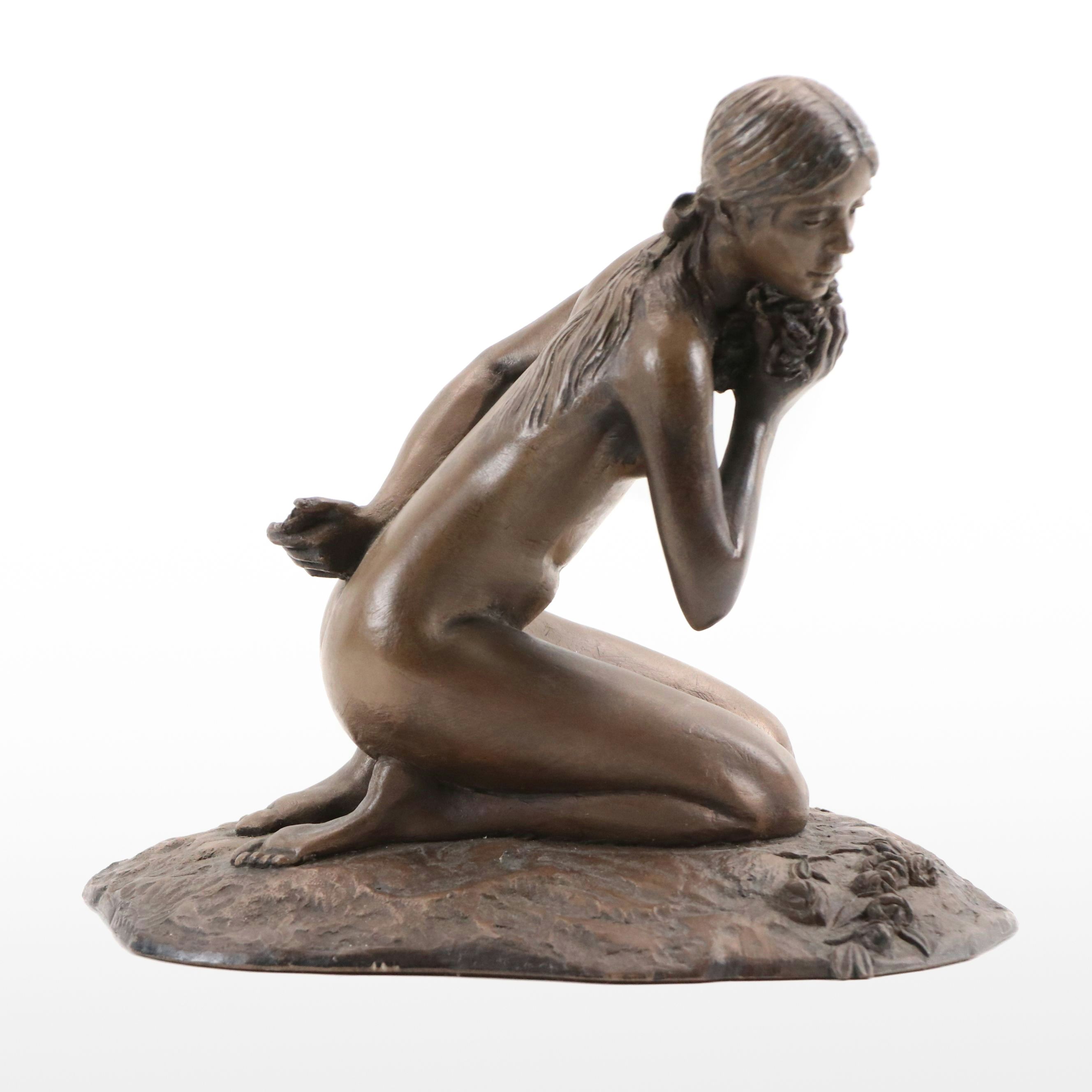 M. Stelzer Cast Spelter Sculpture of Kneeling Figure with Flowers