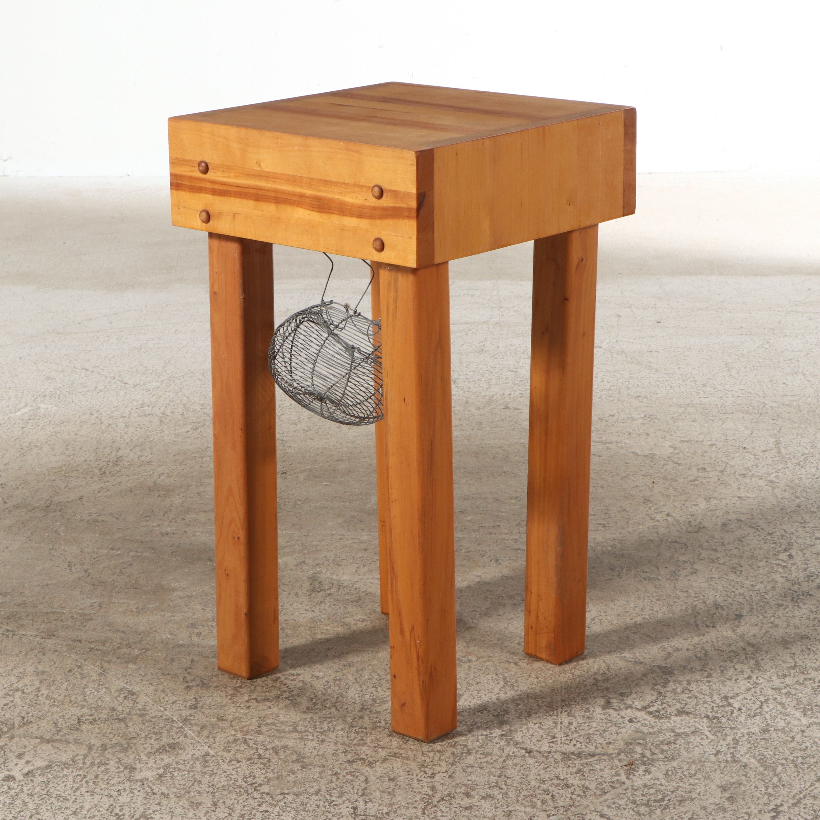 Wooden Butcher Block with Metal Hen-Shaped Egg Basket