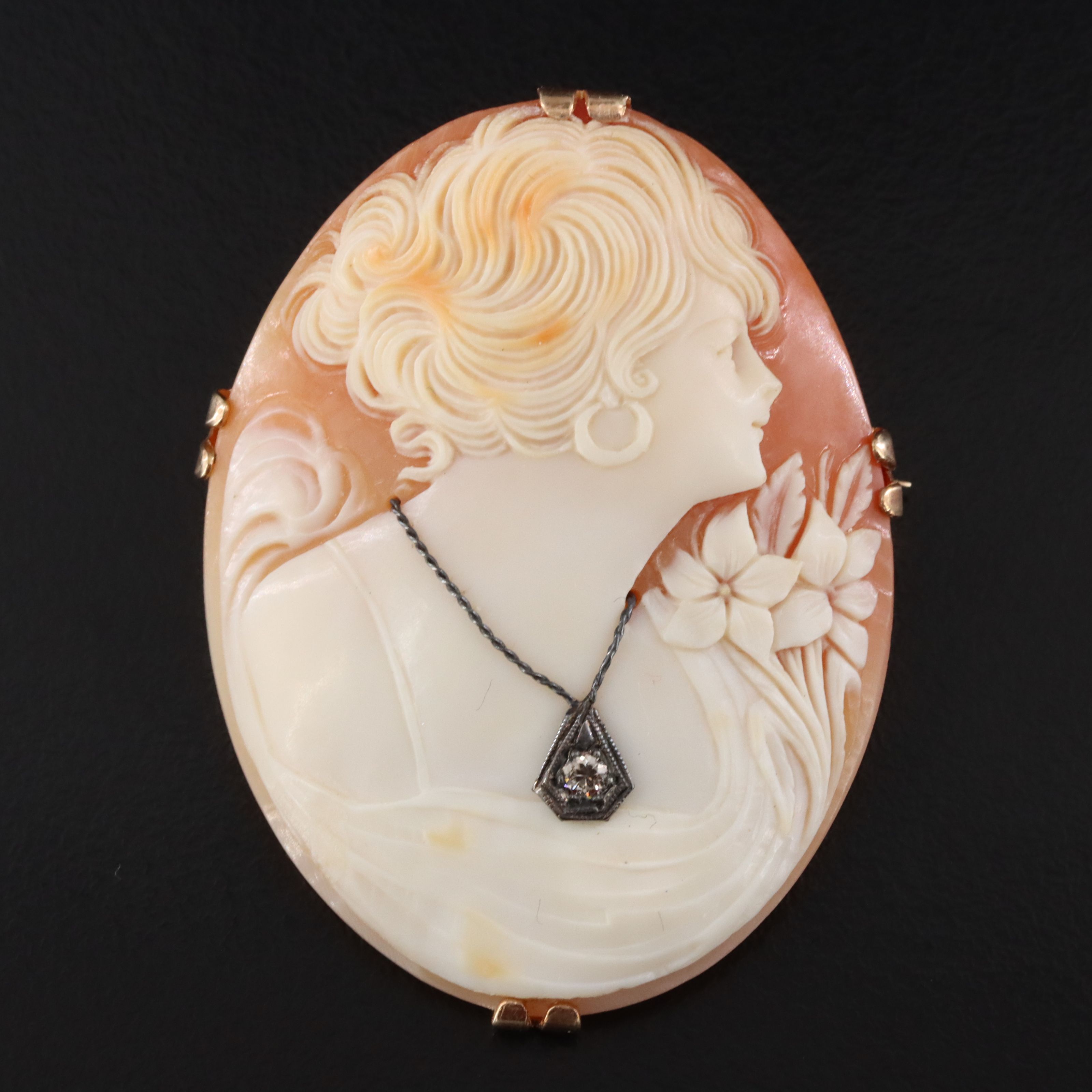 14K Shell Cameo Habillé Converter Brooch with Diamond Accent