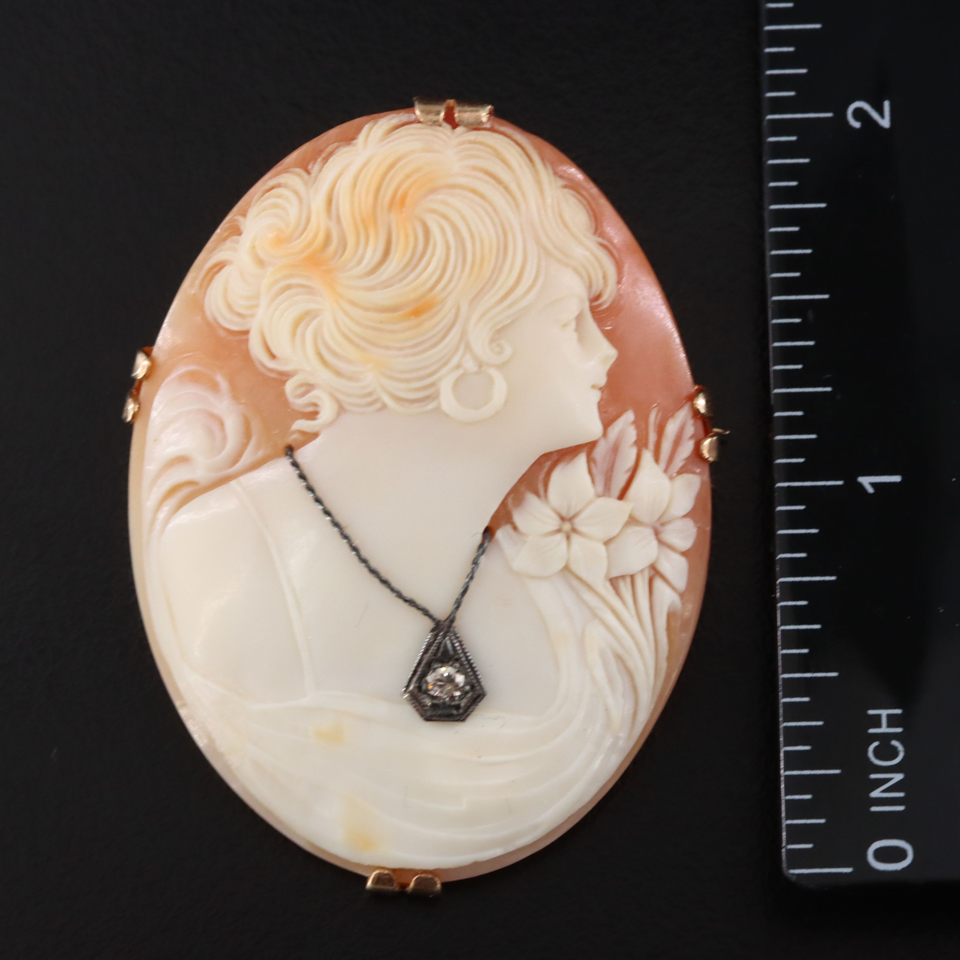 14K Shell Cameo Habillé Converter Brooch with Diamond Accent