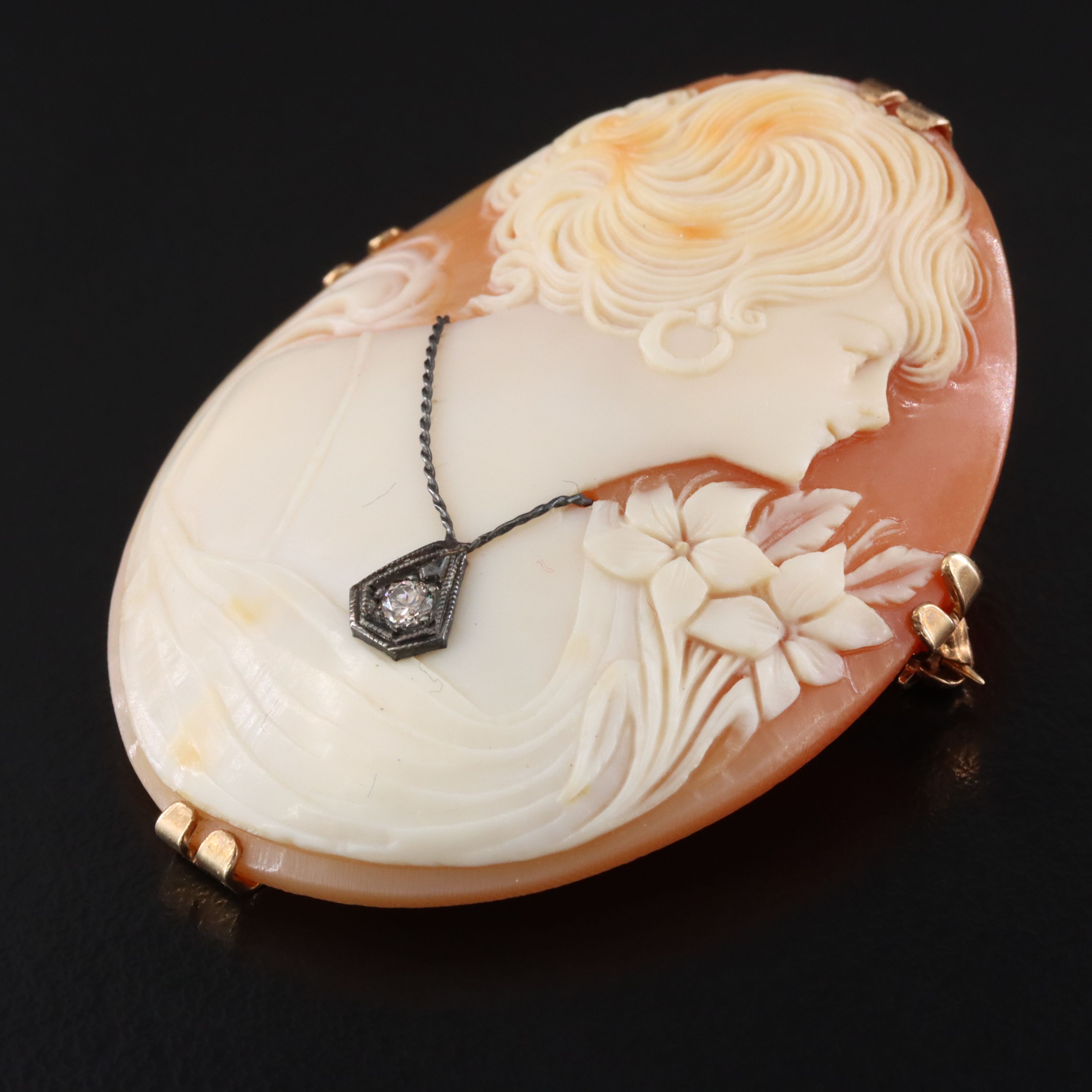 14K Shell Cameo Habillé Converter Brooch with Diamond Accent