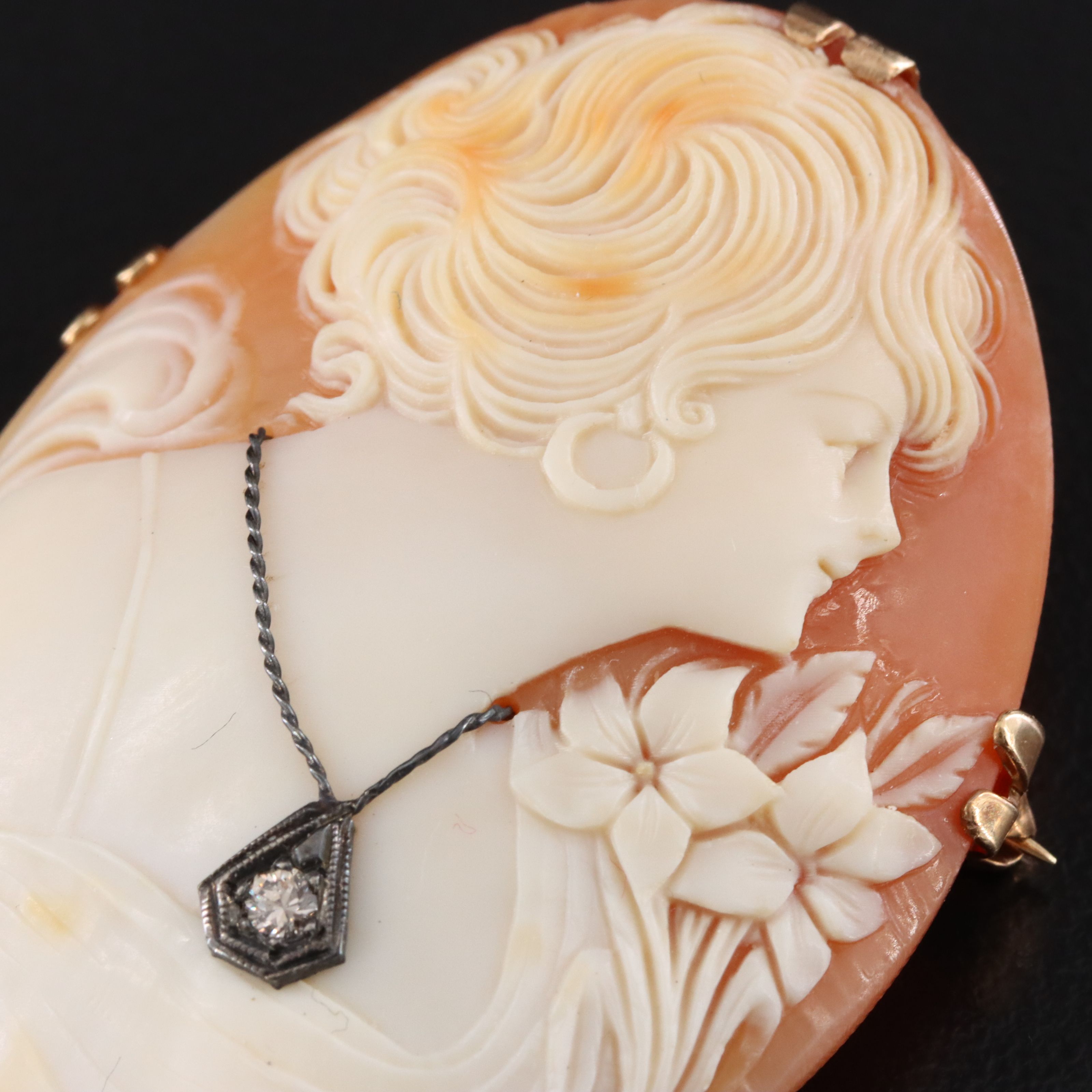 14K Shell Cameo Habillé Converter Brooch with Diamond Accent