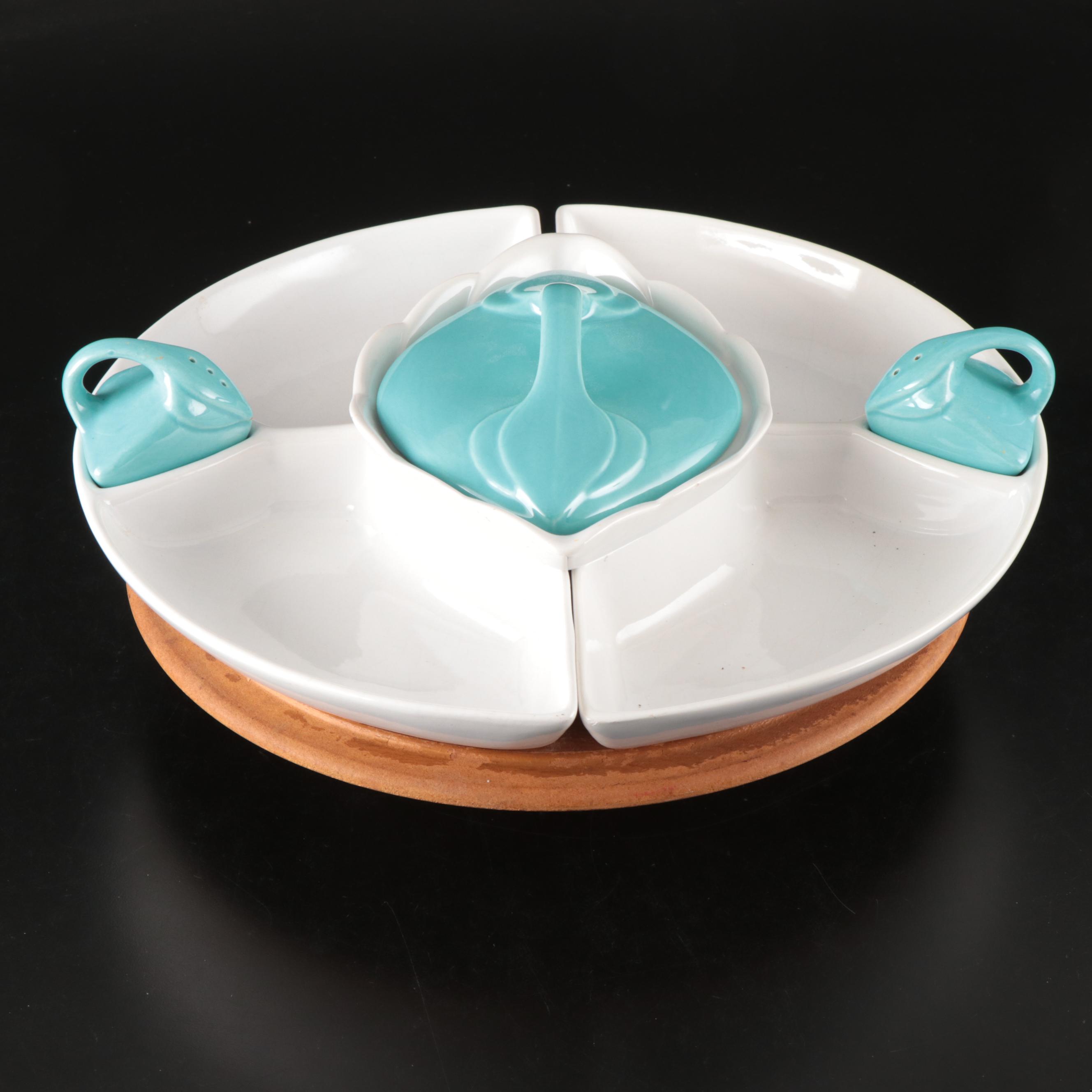 California Pottery Art Deco Style Turquoise and White Ceramic Lazy Susan Server