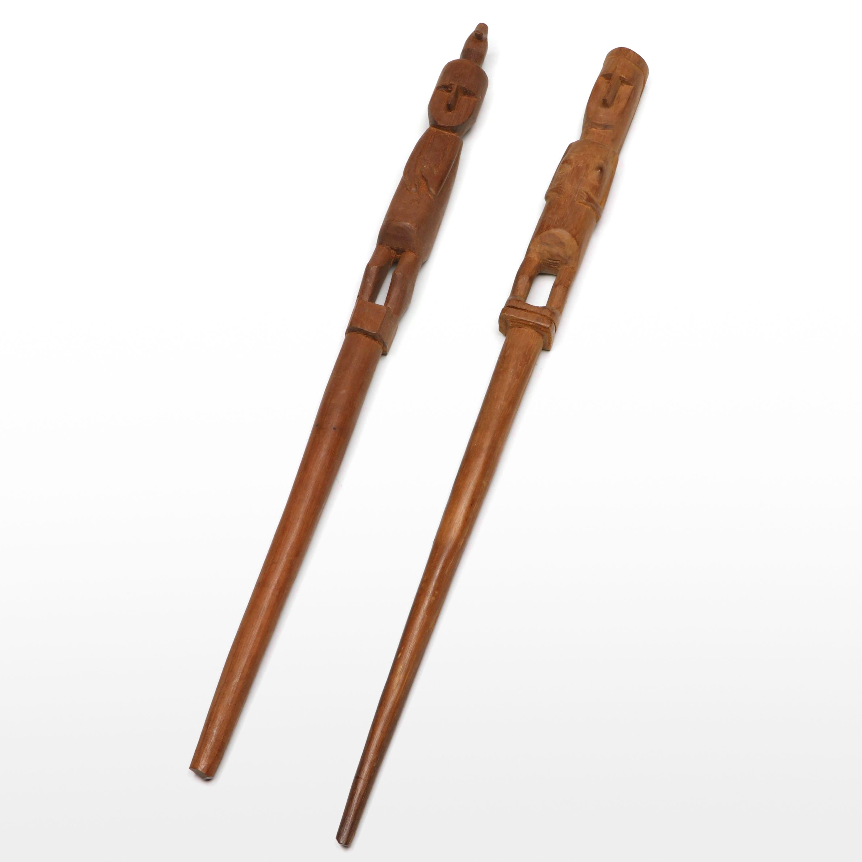 Pair of Southern African Embera Hand-Carved Shaman Sticks