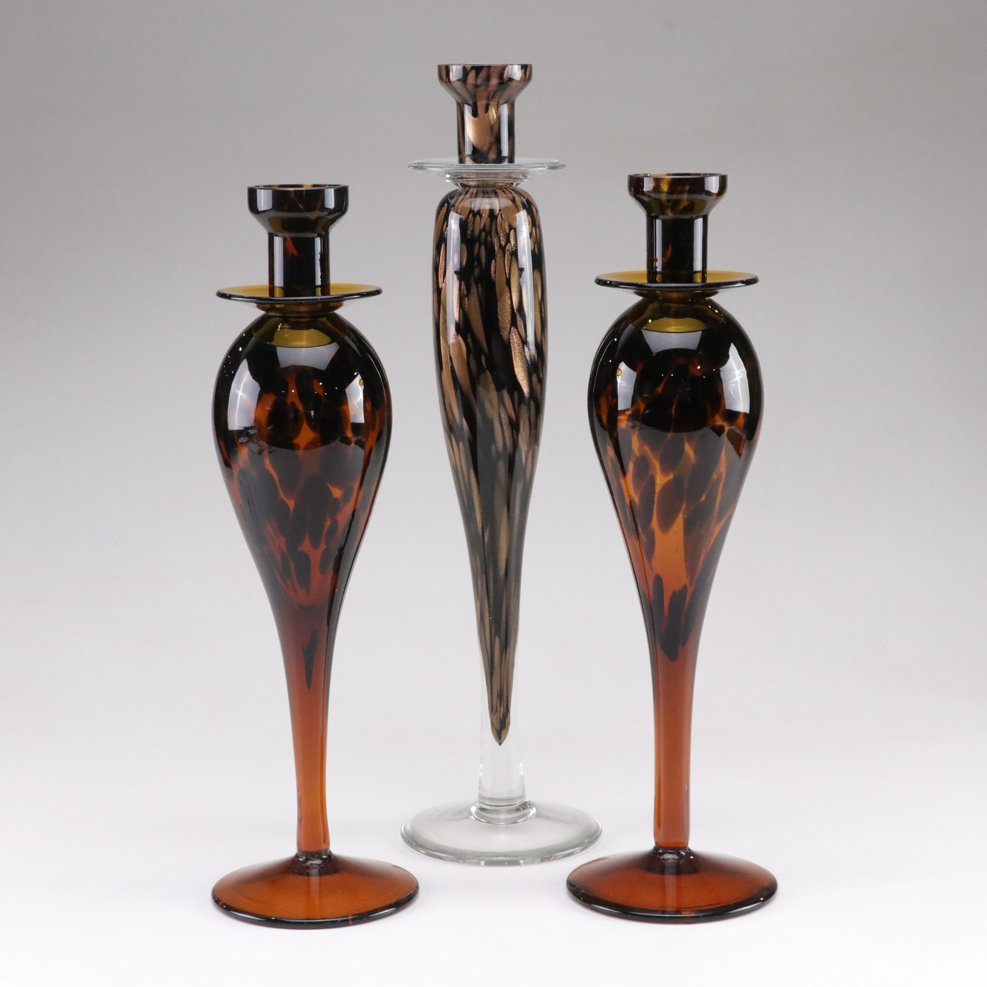 Murano Style Tortoise and Mottled Art Glass Candlesticks
