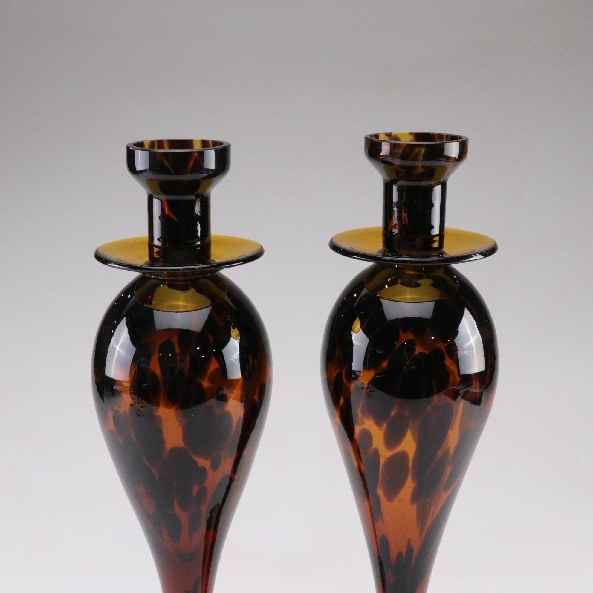 Murano Style Tortoise and Mottled Art Glass Candlesticks
