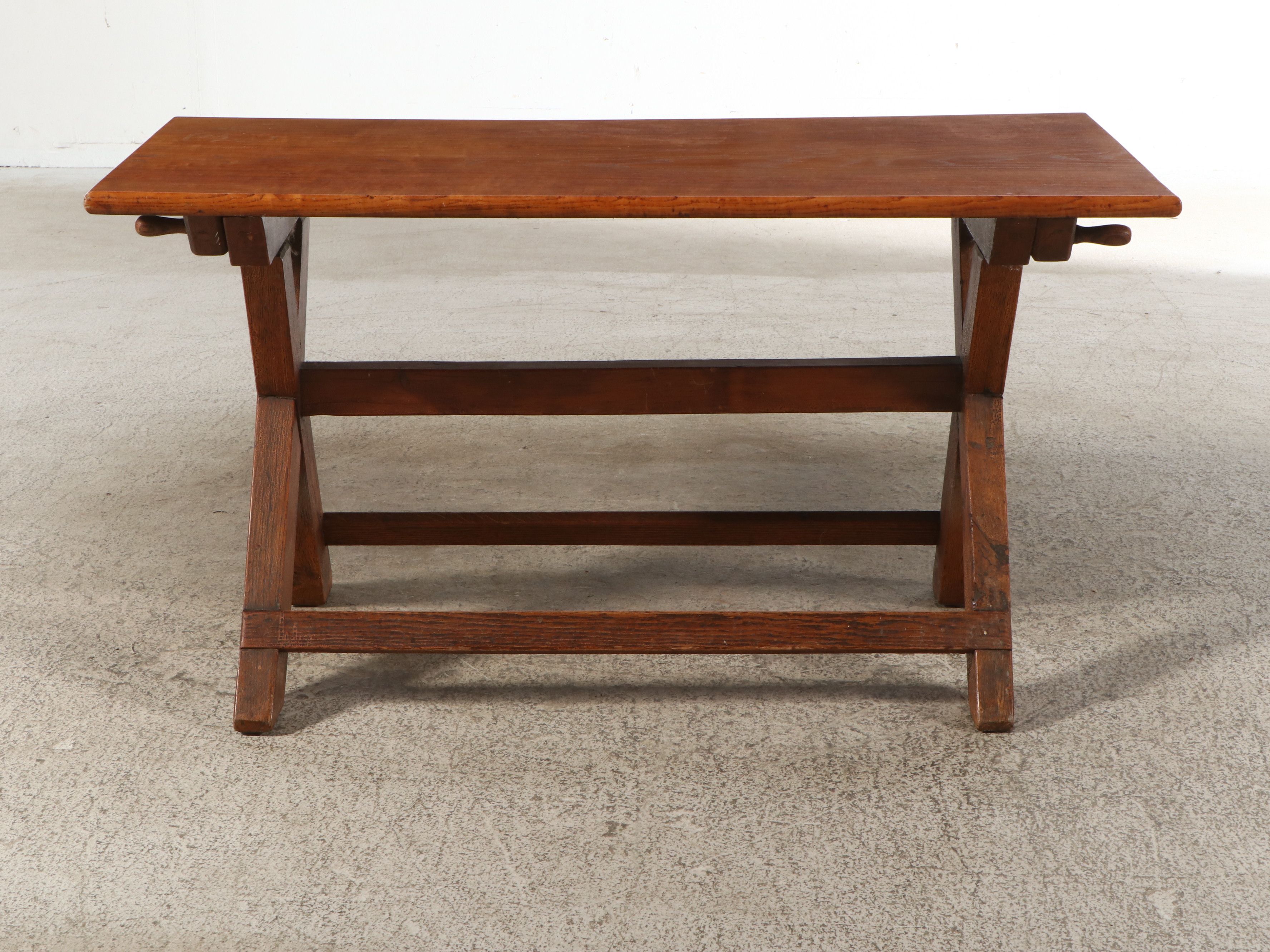 Primitive Style Oak Trestle Table, 20th Century
